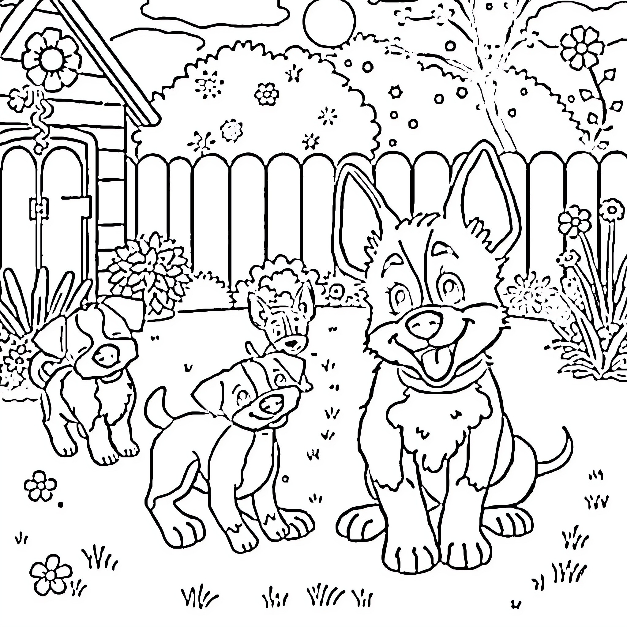Bluey's playful adventure in the colorful backyard Coloring Page (free black-and-white line drawing printable PDF for all, from beginners to advanced learners, including children, teens, adults, and seniors)