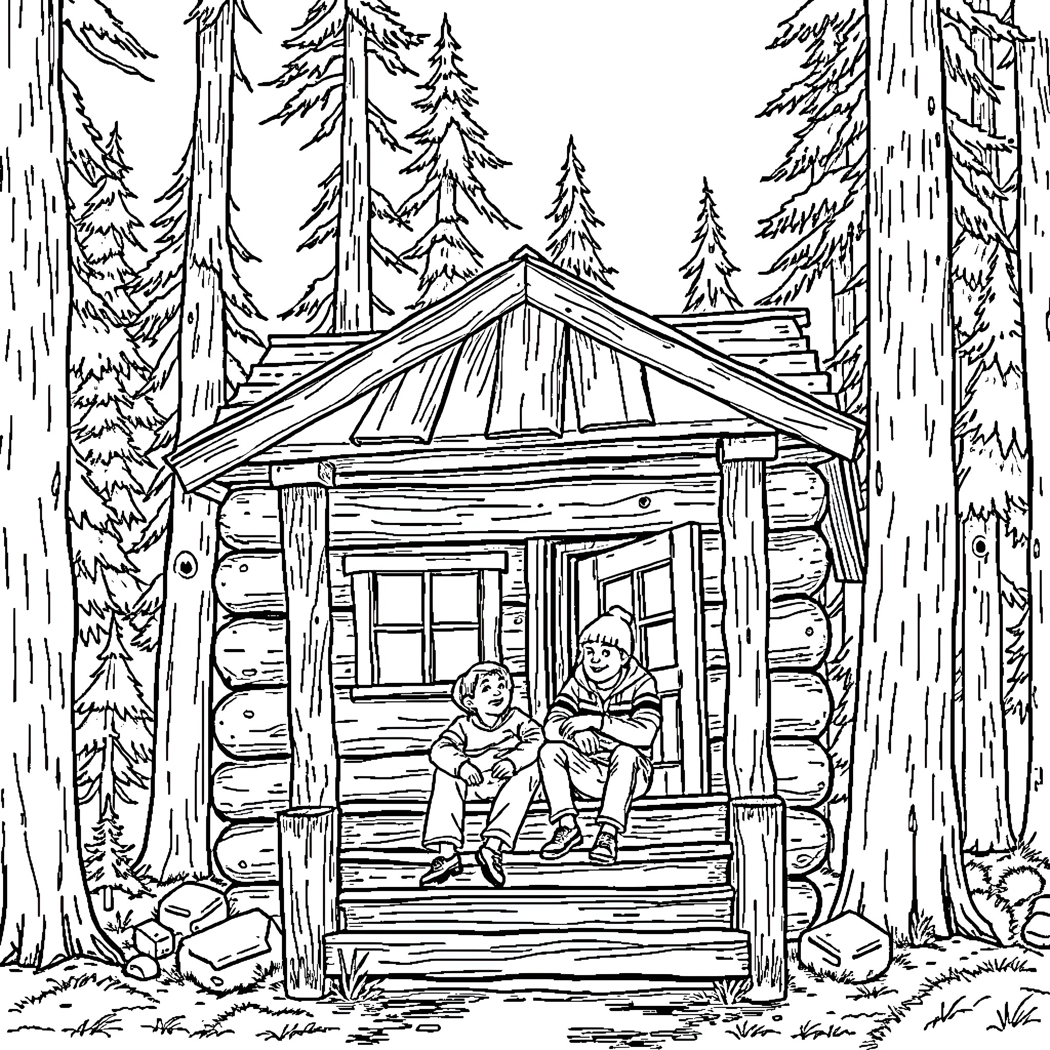 Father and child relaxing in a cozy cabin in the woods Coloring Page (free black-and-white line drawing printable PDF for all, from beginners to advanced learners, including children, teens, adults, and seniors)