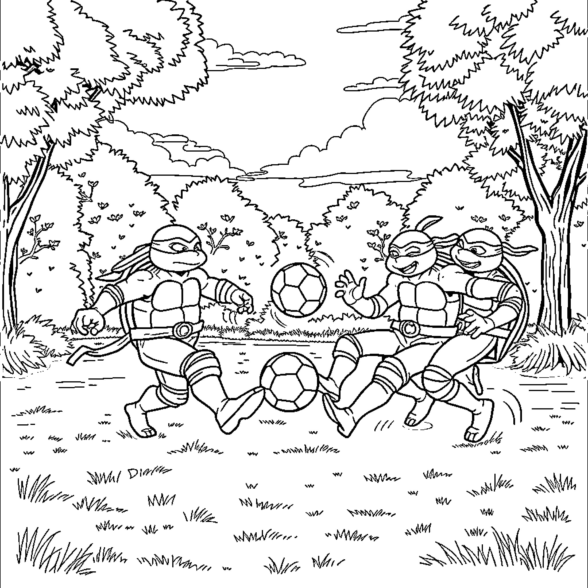 Ninja Turtle Friends Playing Soccer in the Forest Coloring Page (free black-and-white line drawing printable PDF for all, from beginners to advanced learners, including children, teens, adults, and seniors)