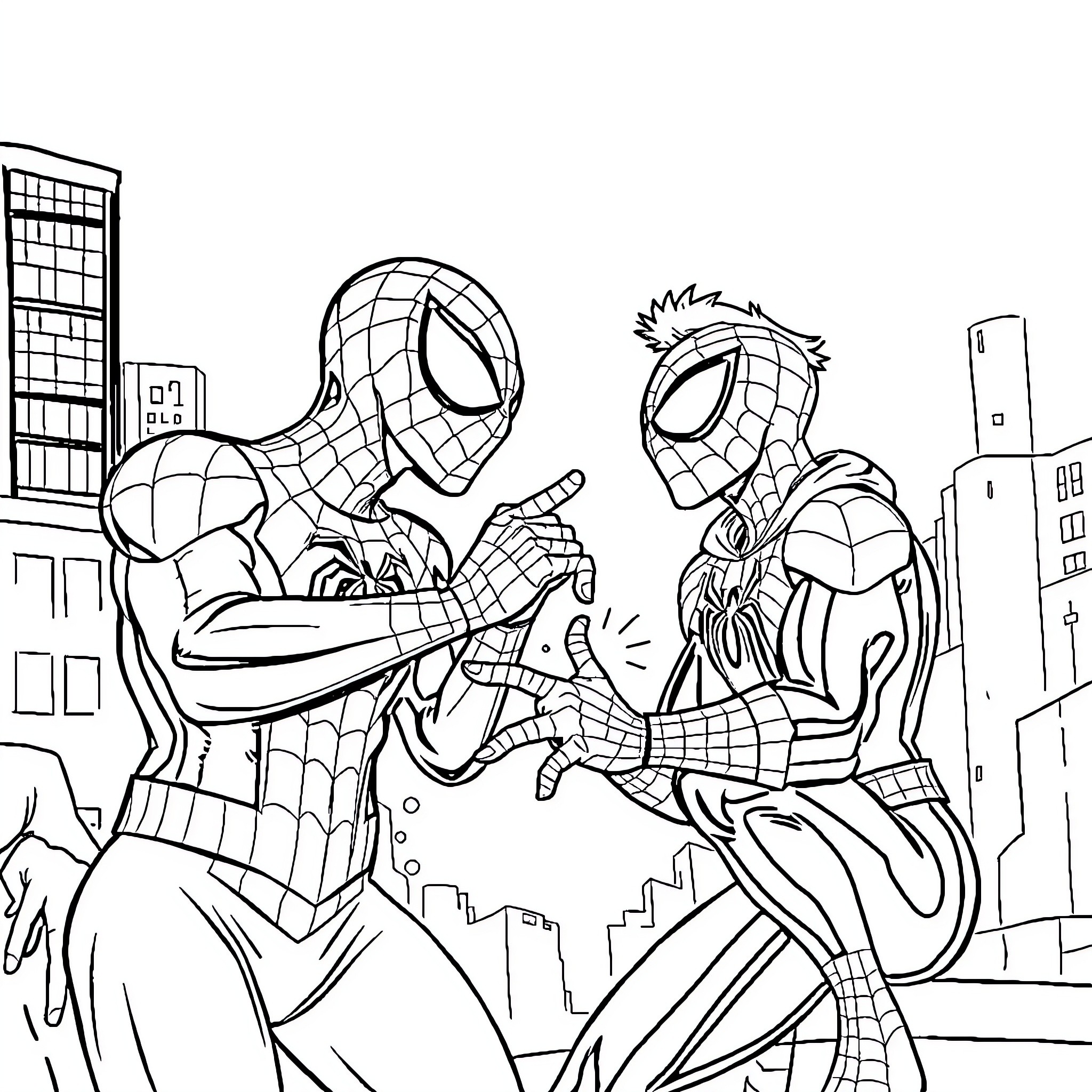 Spiderman heroically battles alongside a fellow superhero Coloring Page (free black-and-white line drawing printable PDF for all, from beginners to advanced learners, including children, teens, adults, and seniors)