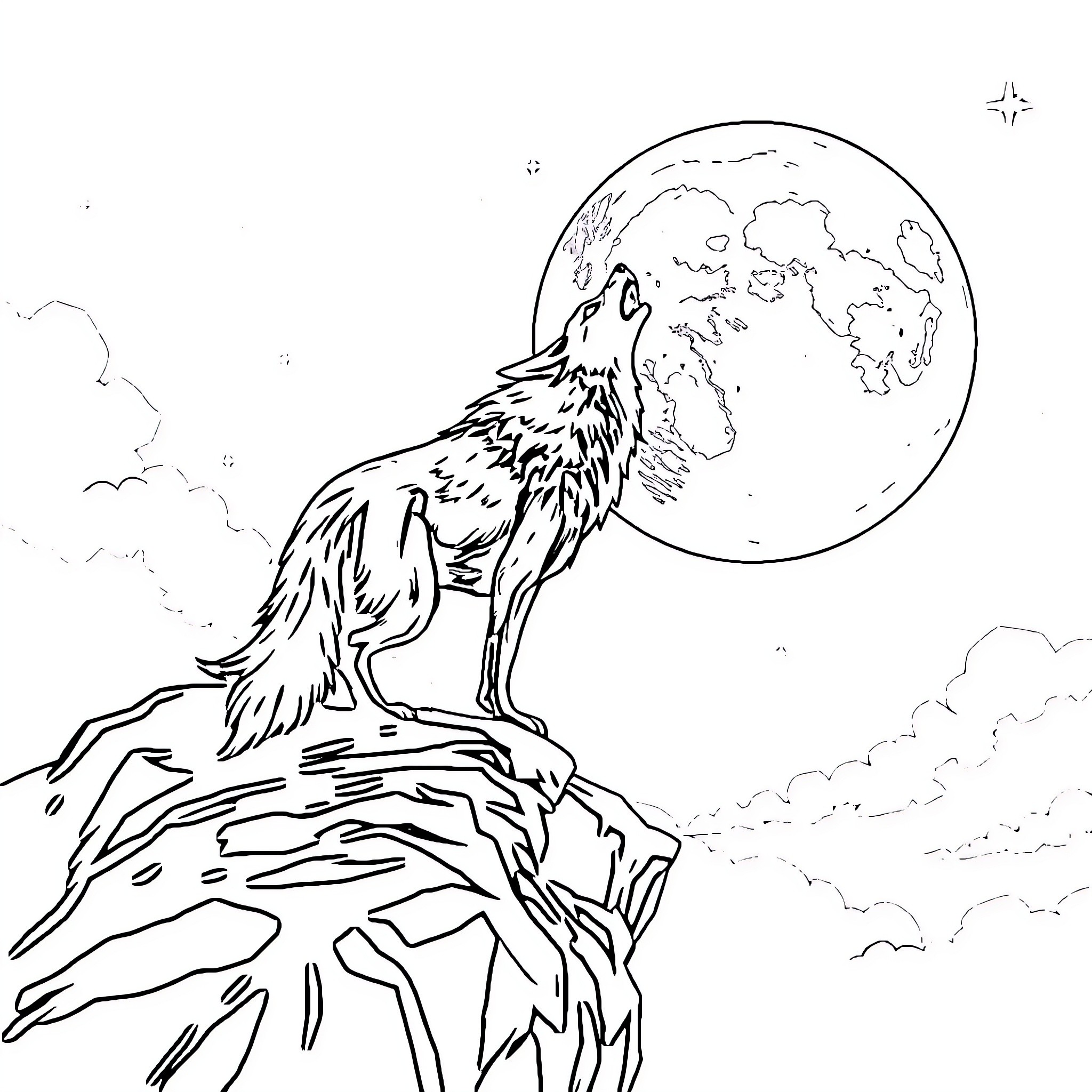 Wolf Link howling at the moon Coloring Page (free black-and-white line drawing printable PDF for all, from beginners to advanced learners, including children, teens, adults, and seniors)