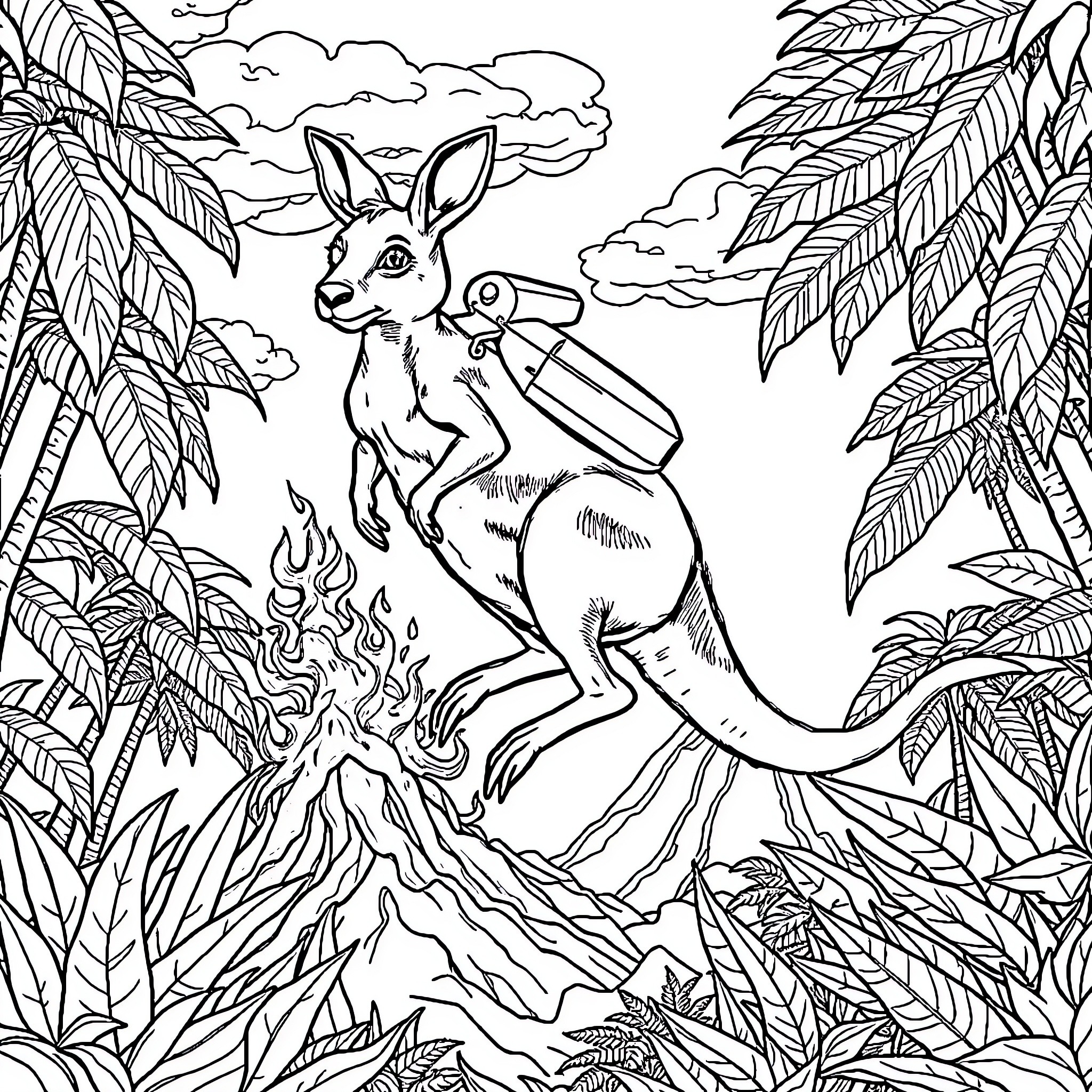 Kangaroo leaping through the tropical jungle Coloring Page (free black-and-white line drawing printable PDF for all, from beginners to advanced learners, including children, teens, adults, and seniors)