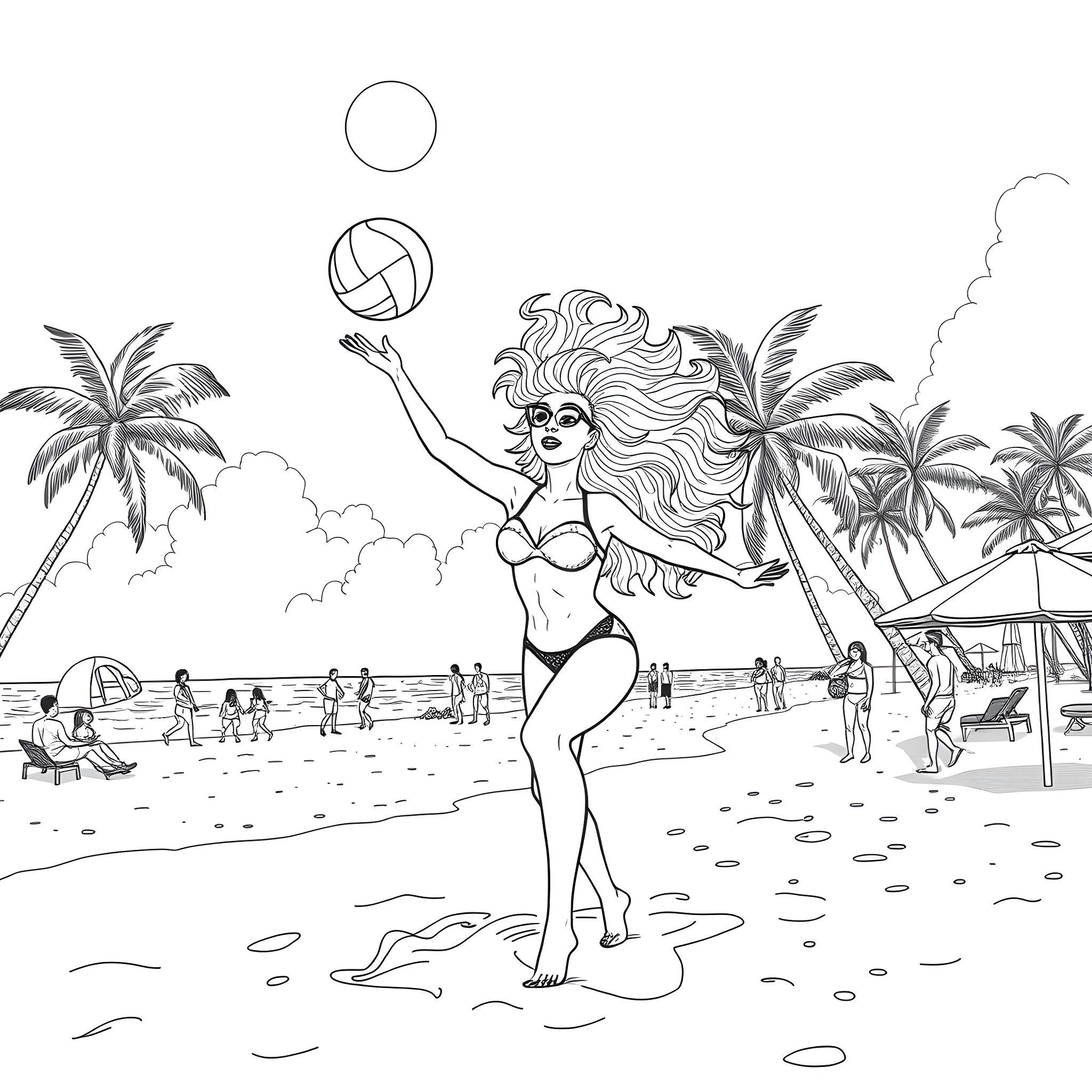 RuPaul strutting on the beach in fabulous swimwear Coloring Page (free black-and-white line drawing printable PDF for all, from beginners to advanced learners, including children, teens, adults, and seniors)