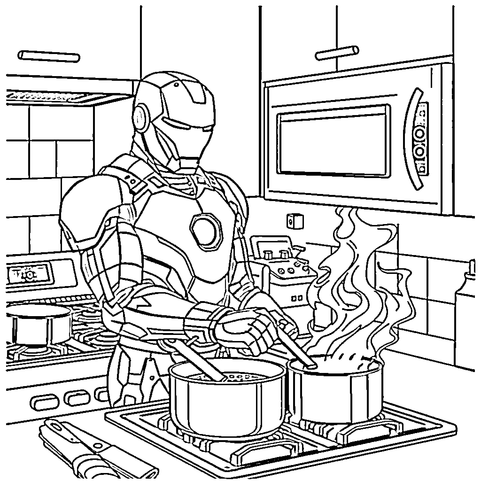 Iron Man cooking in a kitchen appliance Coloring Page (free black-and-white line drawing printable PDF for all, from beginners to advanced learners, including children, teens, adults, and seniors)