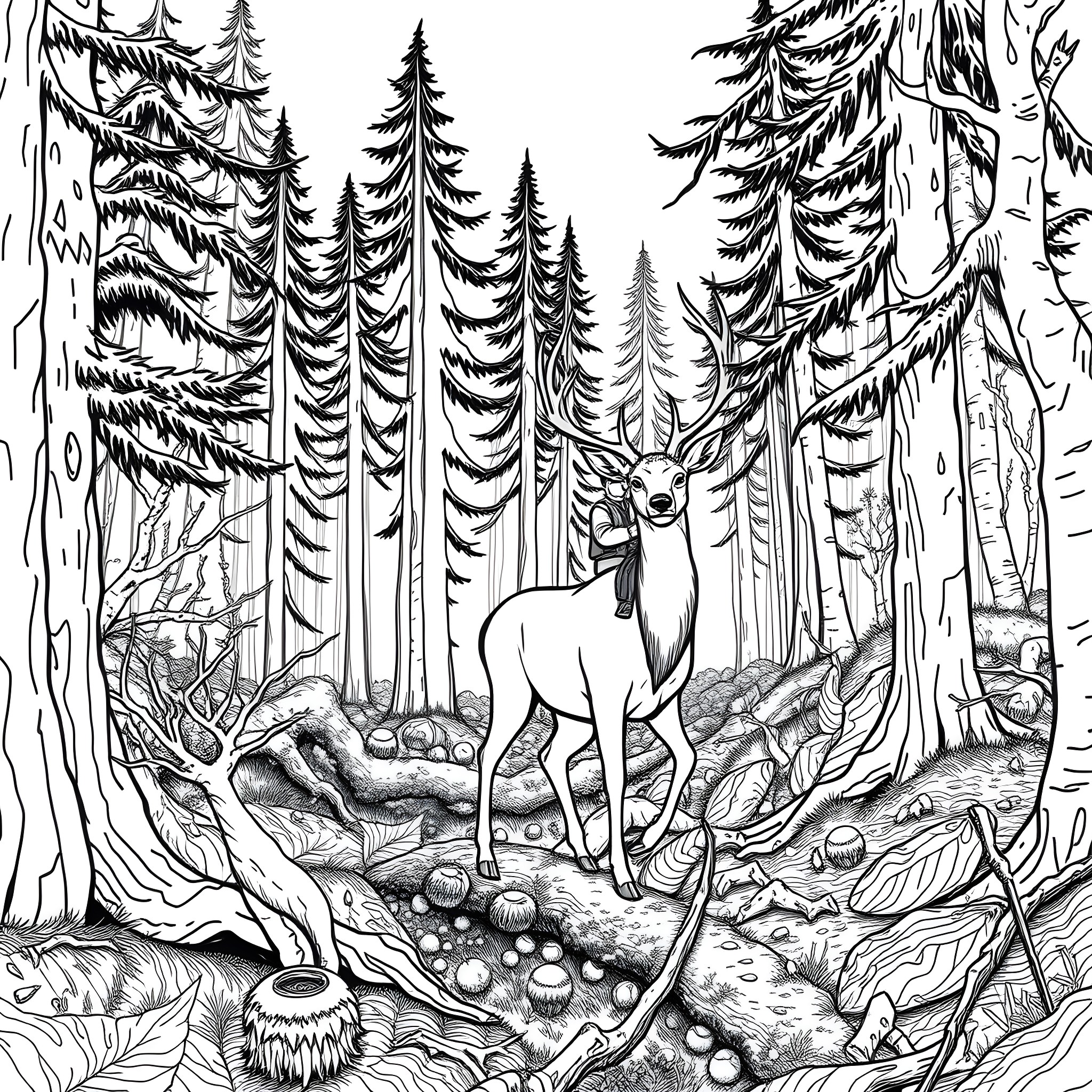 Deer standing amidst the forest landscape Coloring Page (free black-and-white line drawing printable PDF for all, from beginners to advanced learners, including children, teens, adults, and seniors)