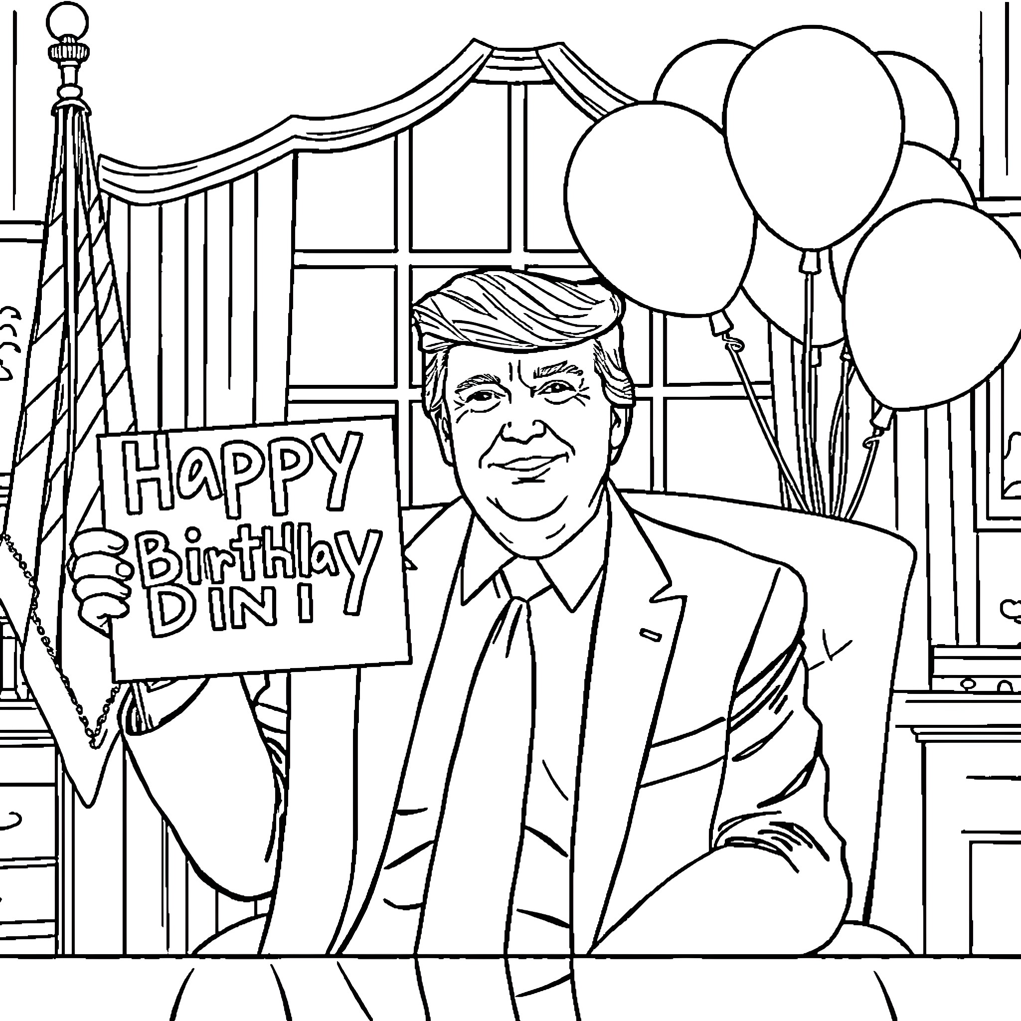 Donald Trump Celebrates His Birthday with Balloons and Signs Coloring Page (free black-and-white line drawing printable PDF for all, from beginners to advanced learners, including children, teens, adults, and seniors)