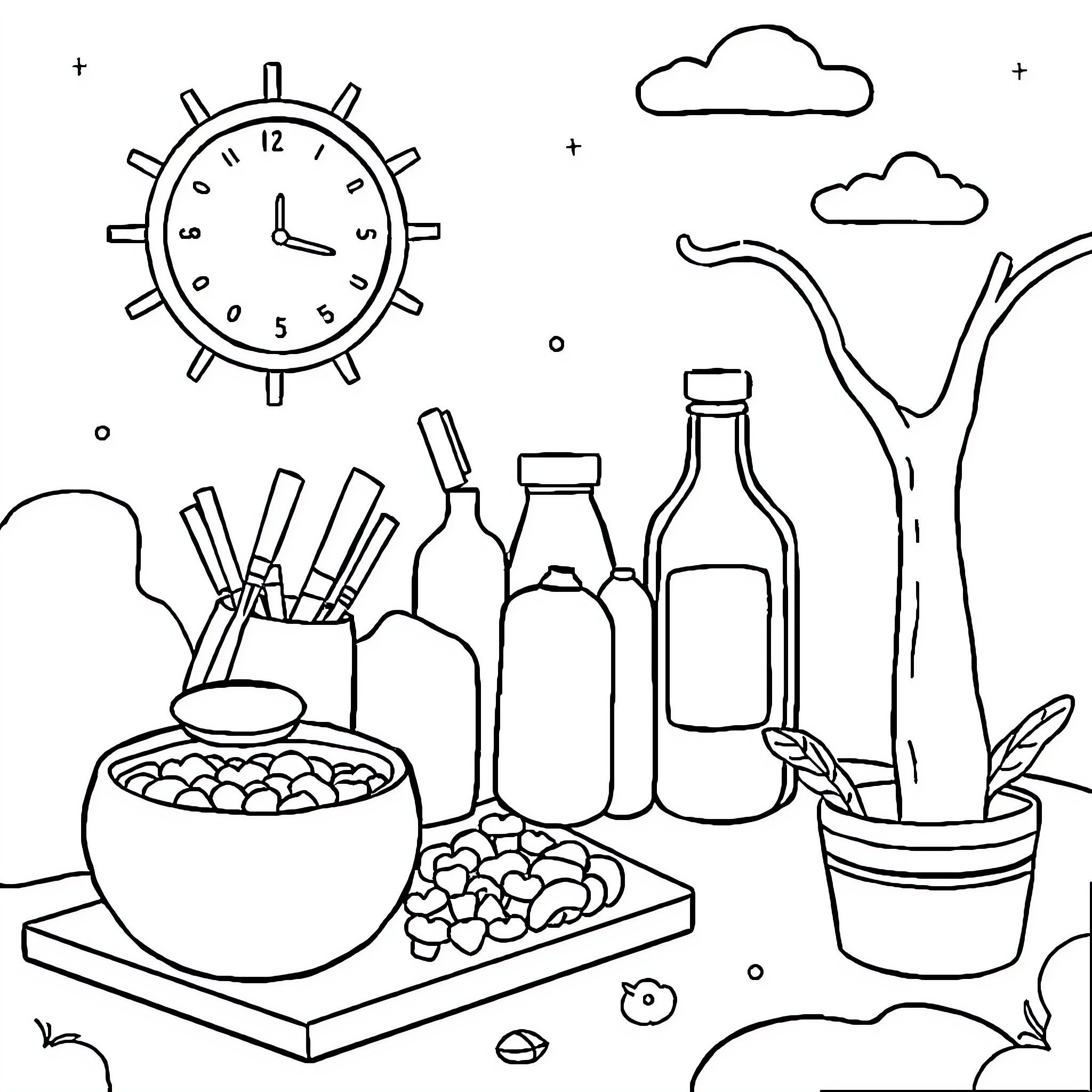 Crucigrama de comida, bebida y naturaleza Coloring Page (free black-and-white line drawing printable PDF for all, from beginners to advanced learners, including children, teens, adults, and seniors)