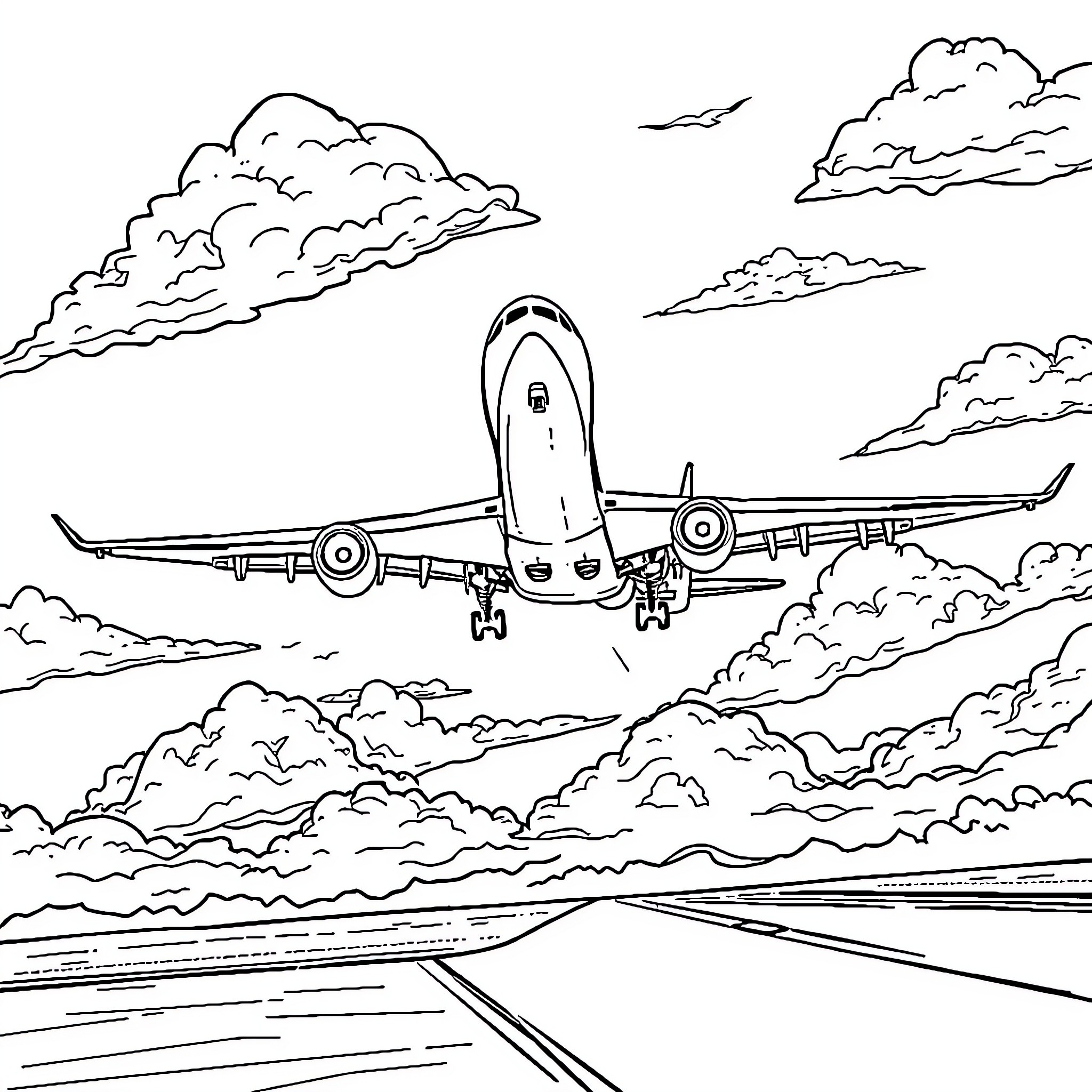 Airplane soaring through cloudy skies Coloring Page (free black-and-white line drawing printable PDF for all, from beginners to advanced learners, including children, teens, adults, and seniors)