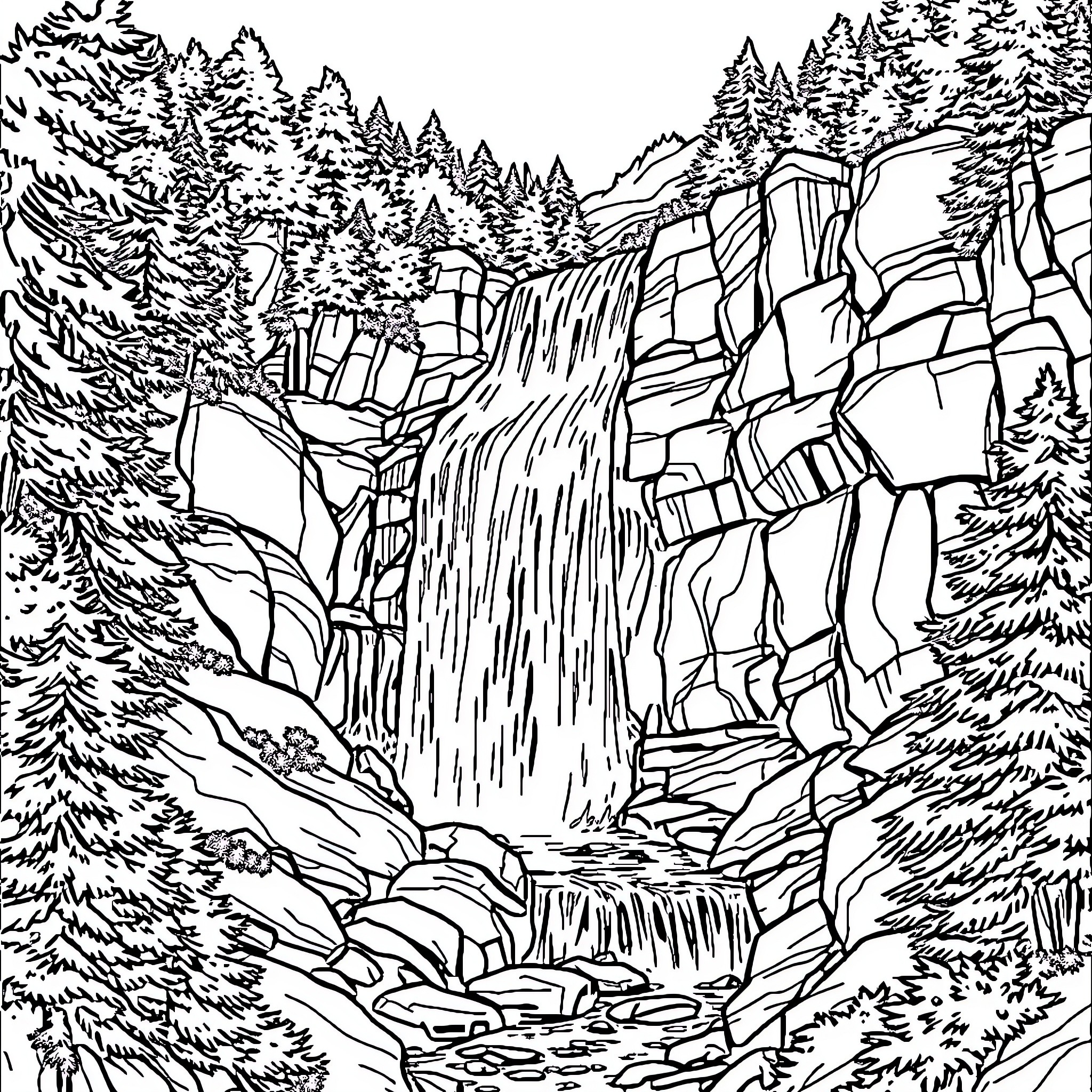 Waterfall cascading through rugged landscape Coloring Page (free black-and-white line drawing printable PDF for all, from beginners to advanced learners, including children, teens, adults, and seniors)