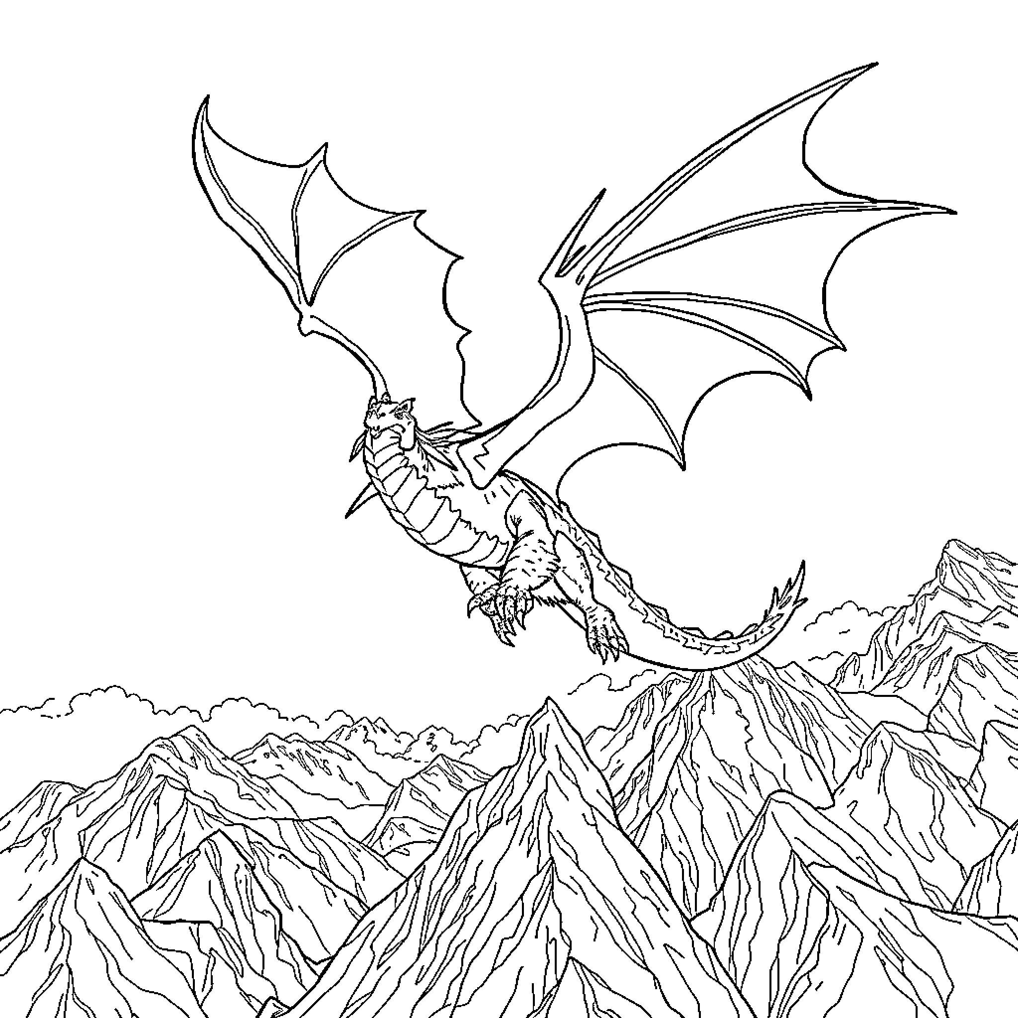Dragon soaring above majestic mountain landscape Coloring Page (free black-and-white line drawing printable PDF for all, from beginners to advanced learners, including children, teens, adults, and seniors)
