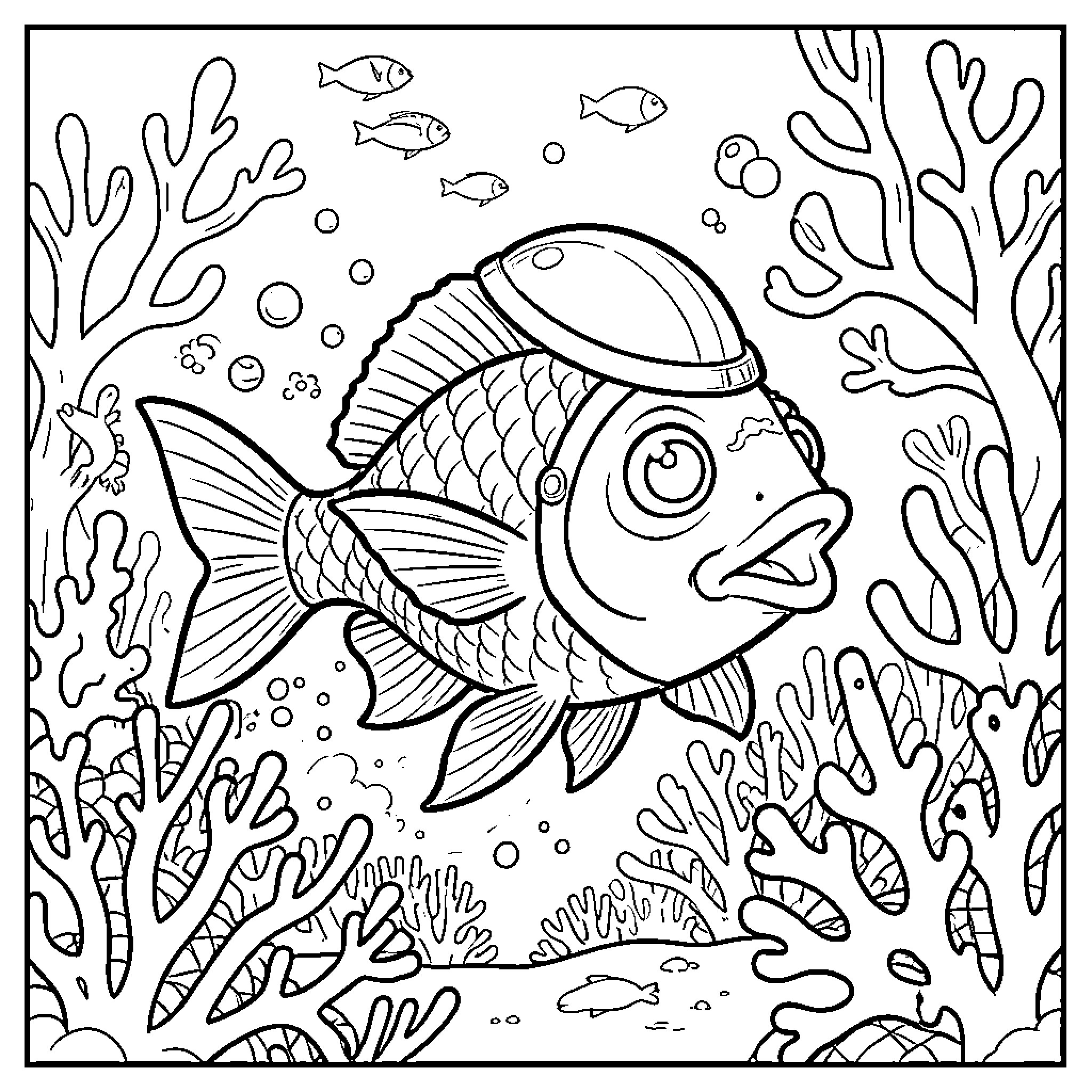 Fish swimming playfully in the coral reef Coloring Page (free black-and-white line drawing printable PDF for all, from beginners to advanced learners, including children, teens, adults, and seniors)
