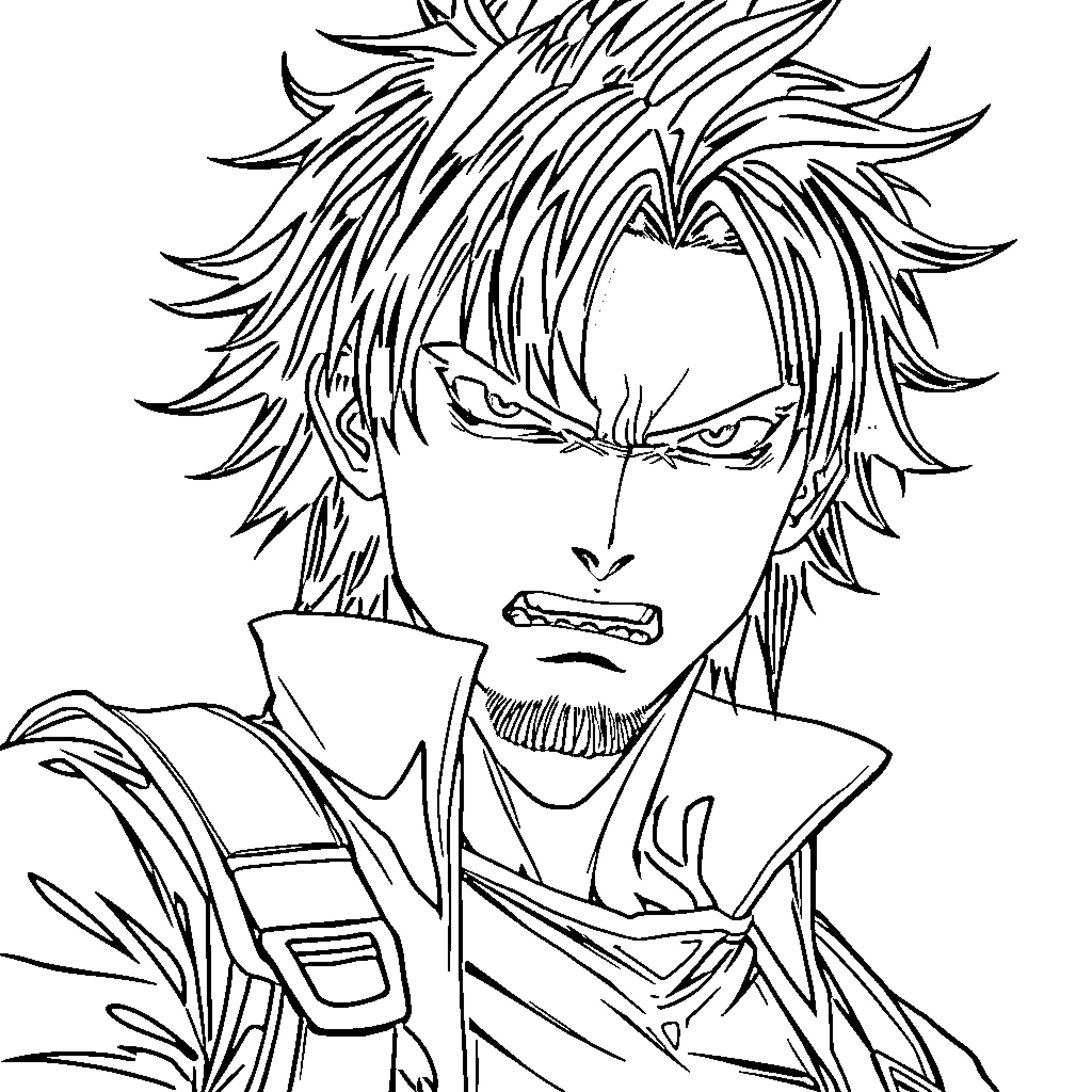 Eren Yeager's intense and defiant expression Coloring Page (free black-and-white line drawing printable PDF for all, from beginners to advanced learners, including children, teens, adults, and seniors)