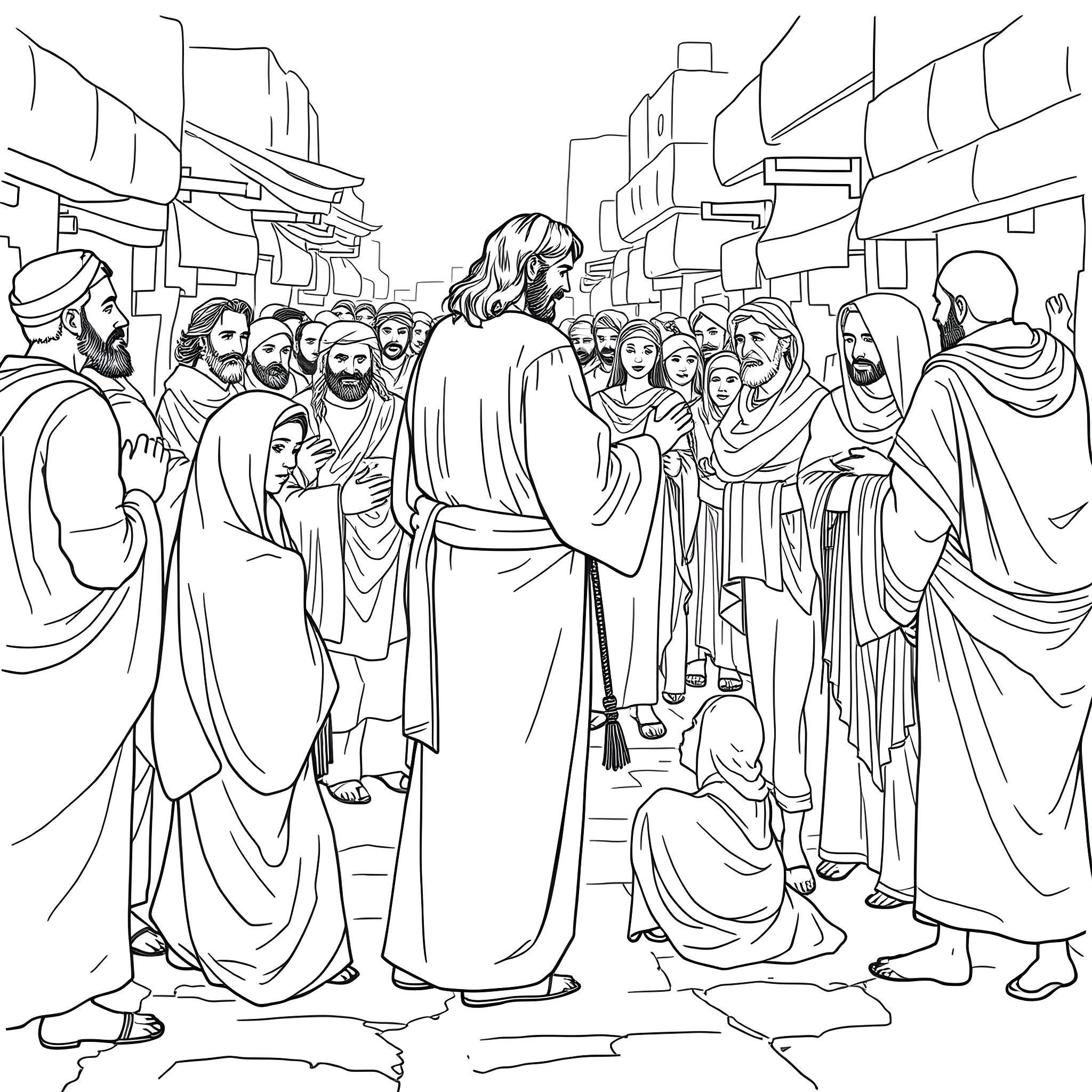 Jesus teaching and surrounded by followers in the city Coloring Page (free black-and-white line drawing printable PDF for all, from beginners to advanced learners, including children, teens, adults, and seniors)