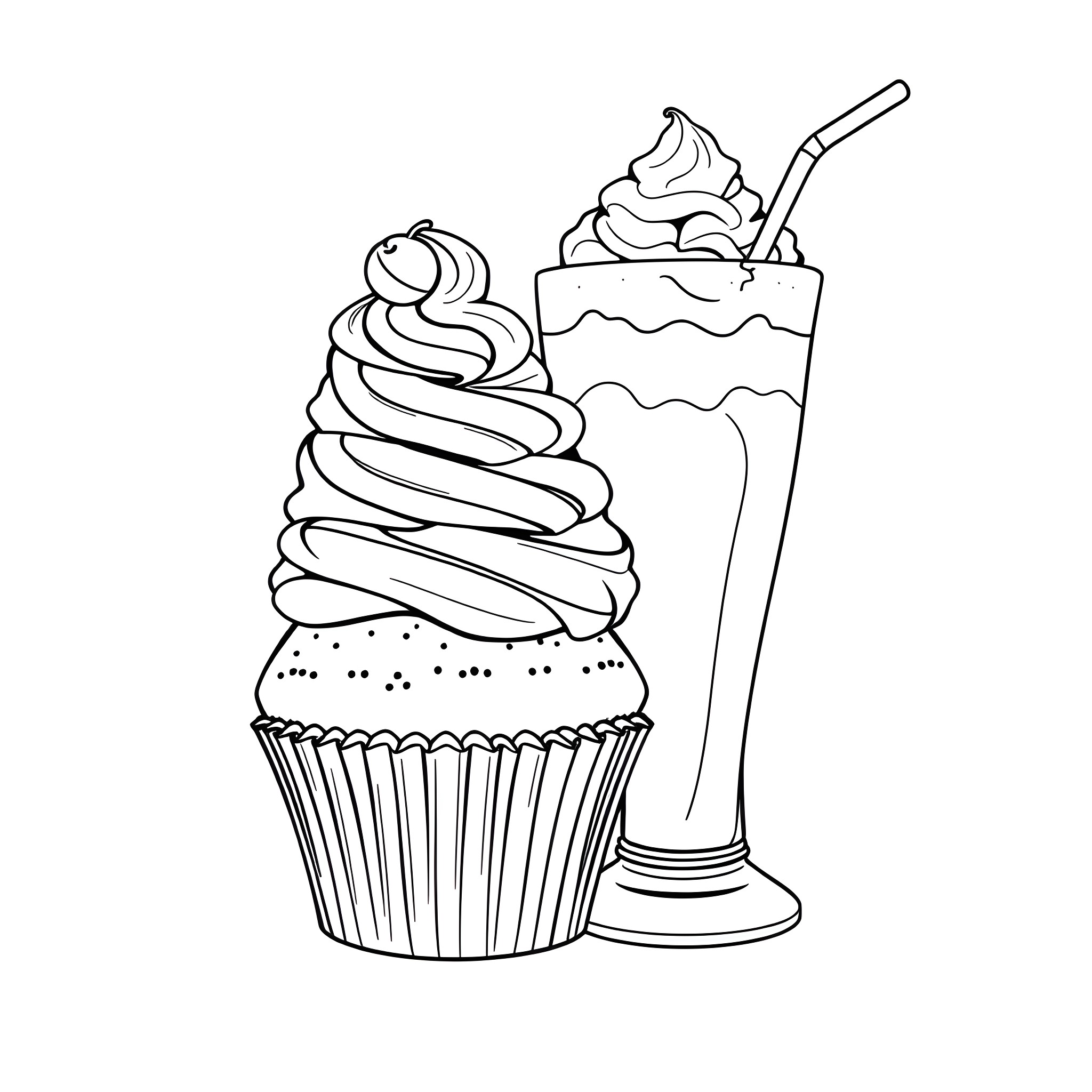 Cupcake and milkshake desserts Coloring Page (free black-and-white line drawing printable PDF for all, from beginners to advanced learners, including children, teens, adults, and seniors)