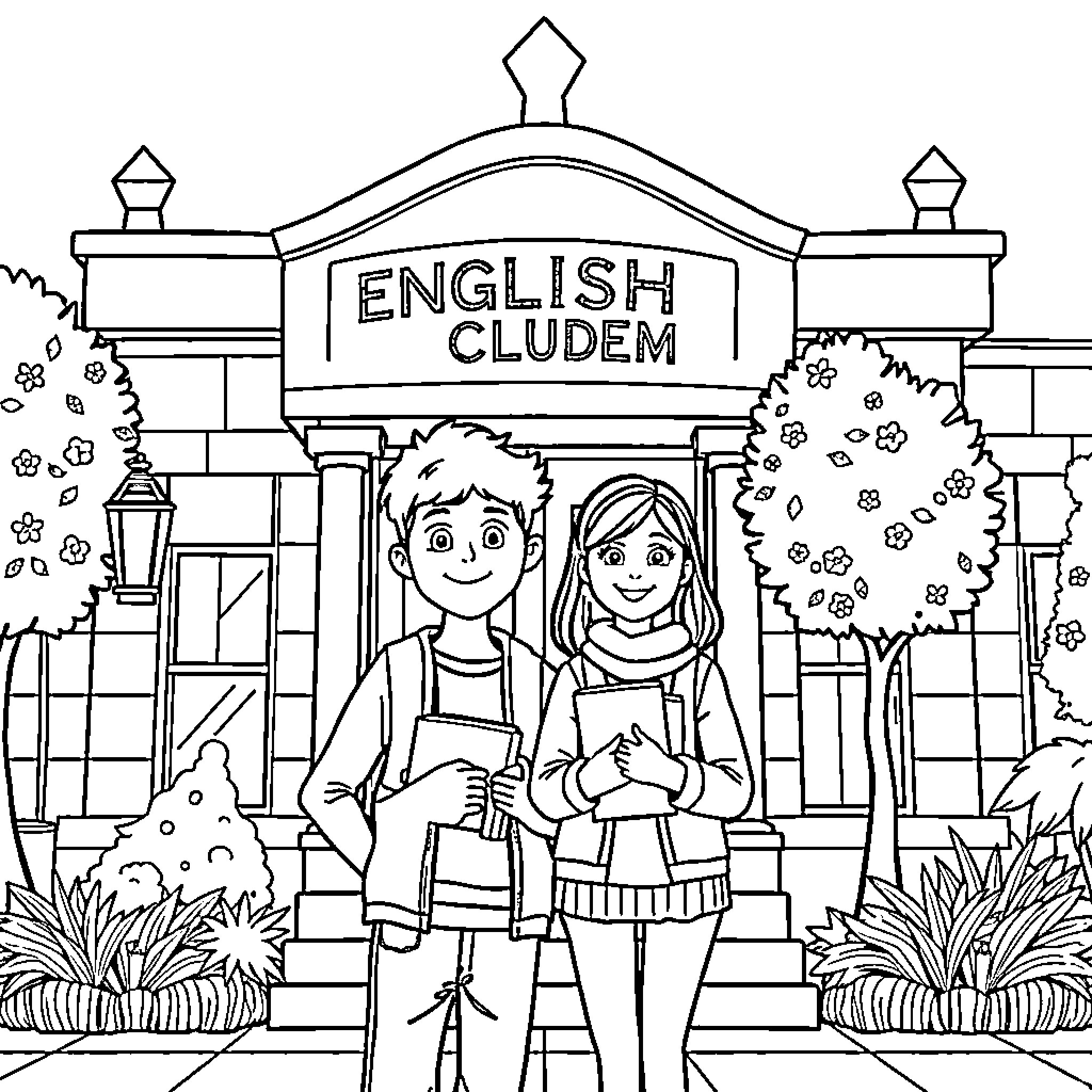 Boy and Girl Outside English Club Building Coloring Page (free black-and-white line drawing printable PDF for all, from beginners to advanced learners, including children, teens, adults, and seniors)