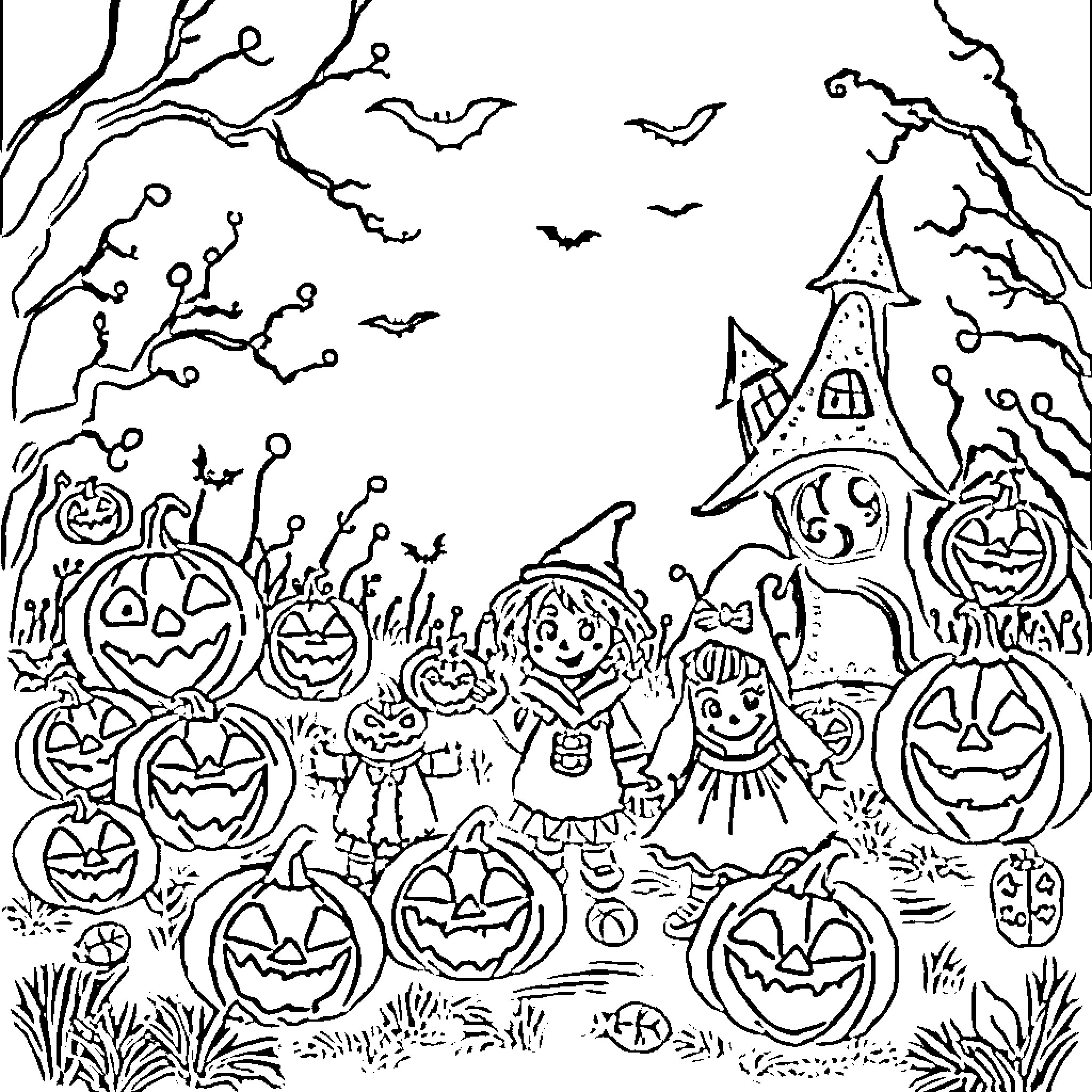 Halloween gathering of whimsical characters in a spooky landscape Coloring Page (free black-and-white line drawing printable PDF for all, from beginners to advanced learners, including children, teens, adults, and seniors)