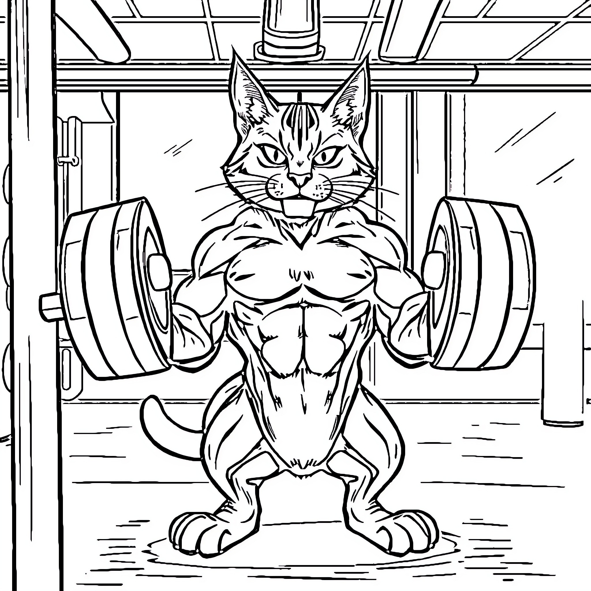 Cat Lifting Weights in Gym Coloring Page (free black-and-white line drawing printable PDF for all, from beginners to advanced learners, including children, teens, adults, and seniors)