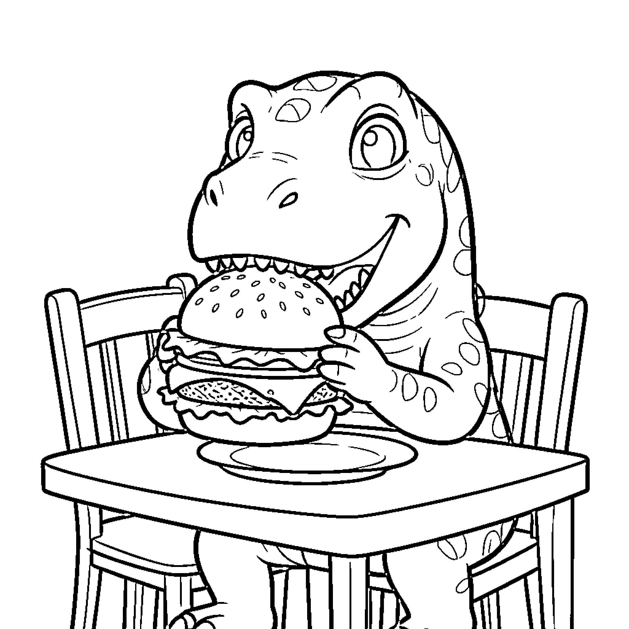 Dinosaur happily eating a large hamburger at a table Coloring Page (free black-and-white line drawing printable PDF for all, from beginners to advanced learners, including children, teens, adults, and seniors)