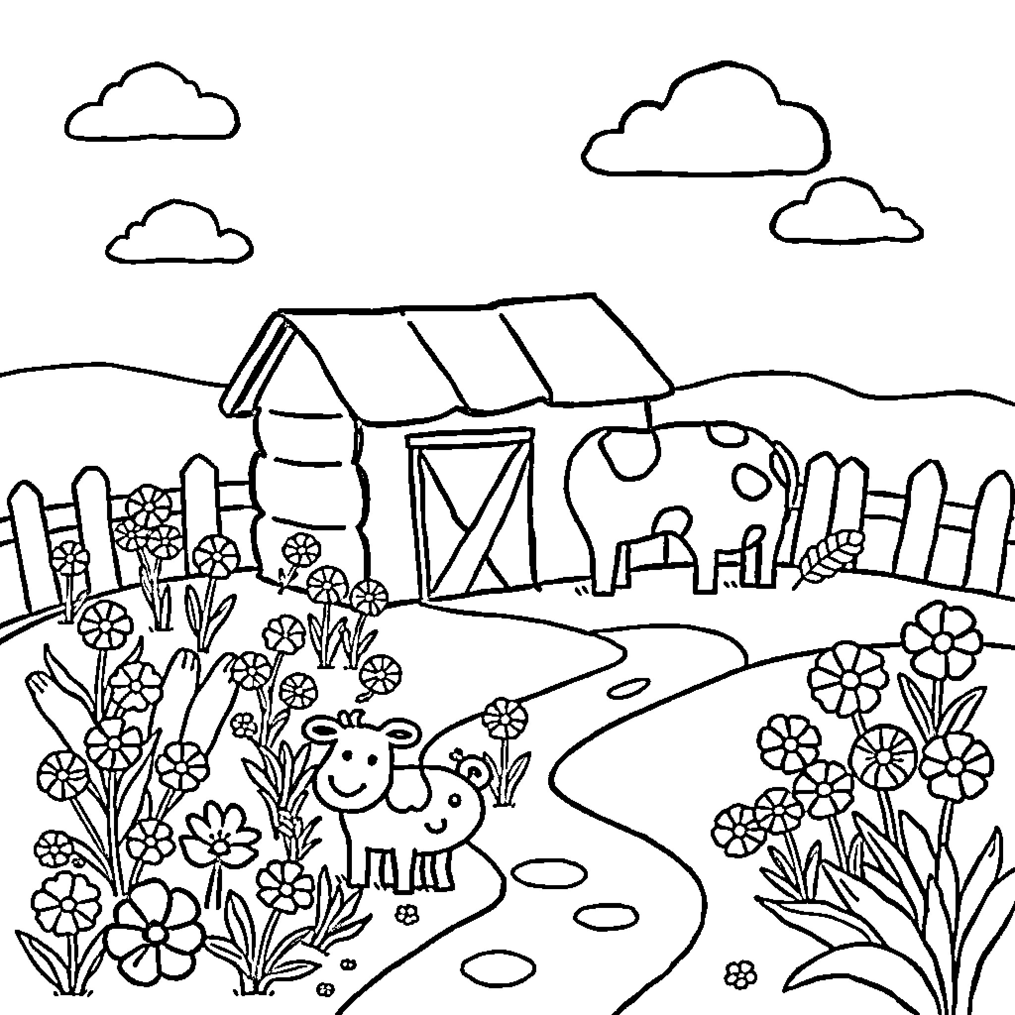 Farm scene with flowers and animals Coloring Page (free black-and-white line drawing printable PDF for all, from beginners to advanced learners, including children, teens, adults, and seniors)