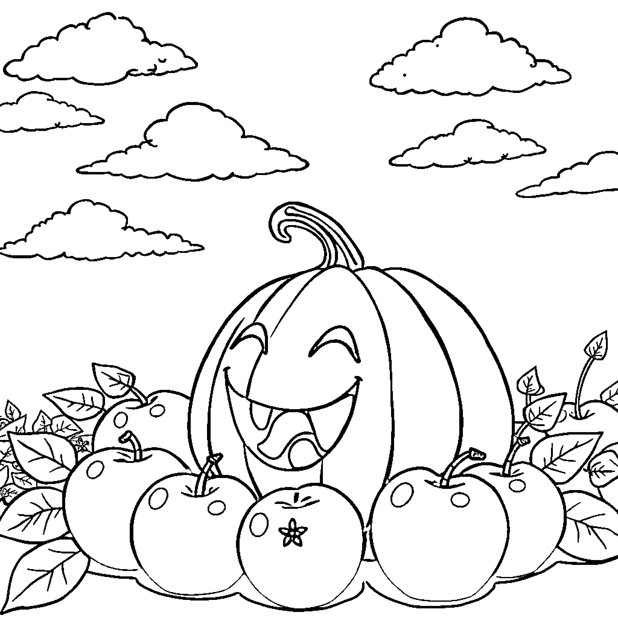 Pumpkins and apples in an autumn scene Coloring Page (free black-and-white line drawing printable PDF for all, from beginners to advanced learners, including children, teens, adults, and seniors)
