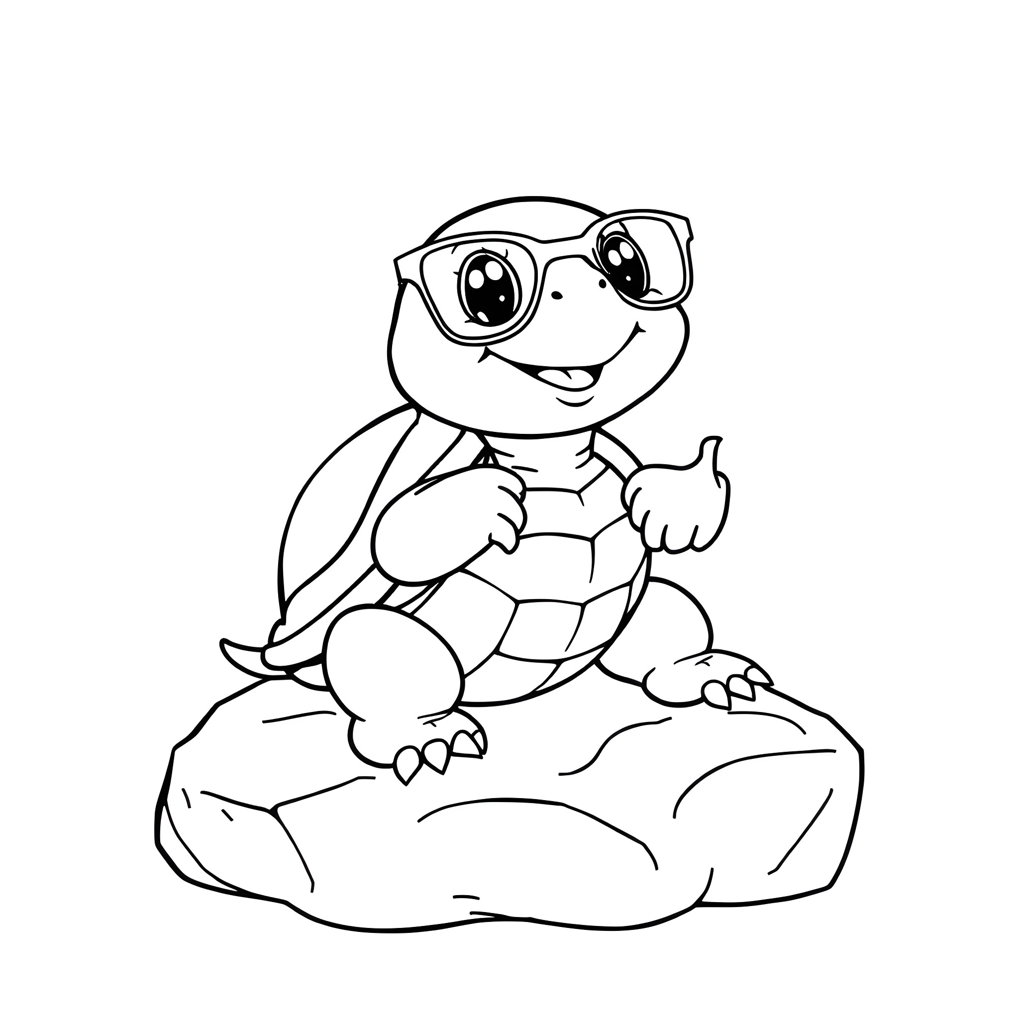 Turtle wearing glasses sitting on a rock Coloring Page (free black-and-white line drawing printable PDF for all, from beginners to advanced learners, including children, teens, adults, and seniors)