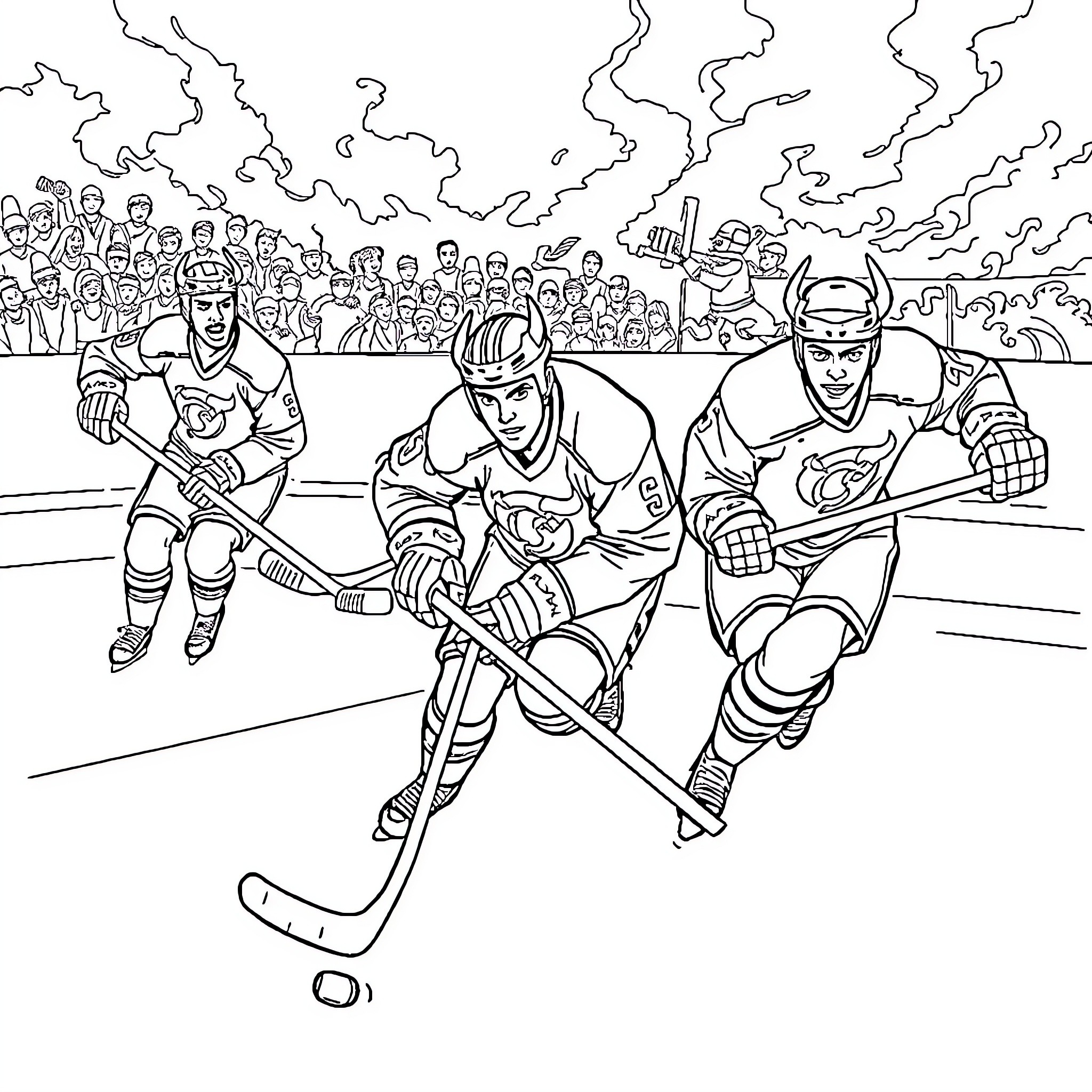 Devil's Ice Hockey Showdown on the Rink Coloring Page (free black-and-white line drawing printable PDF for all, from beginners to advanced learners, including children, teens, adults, and seniors)