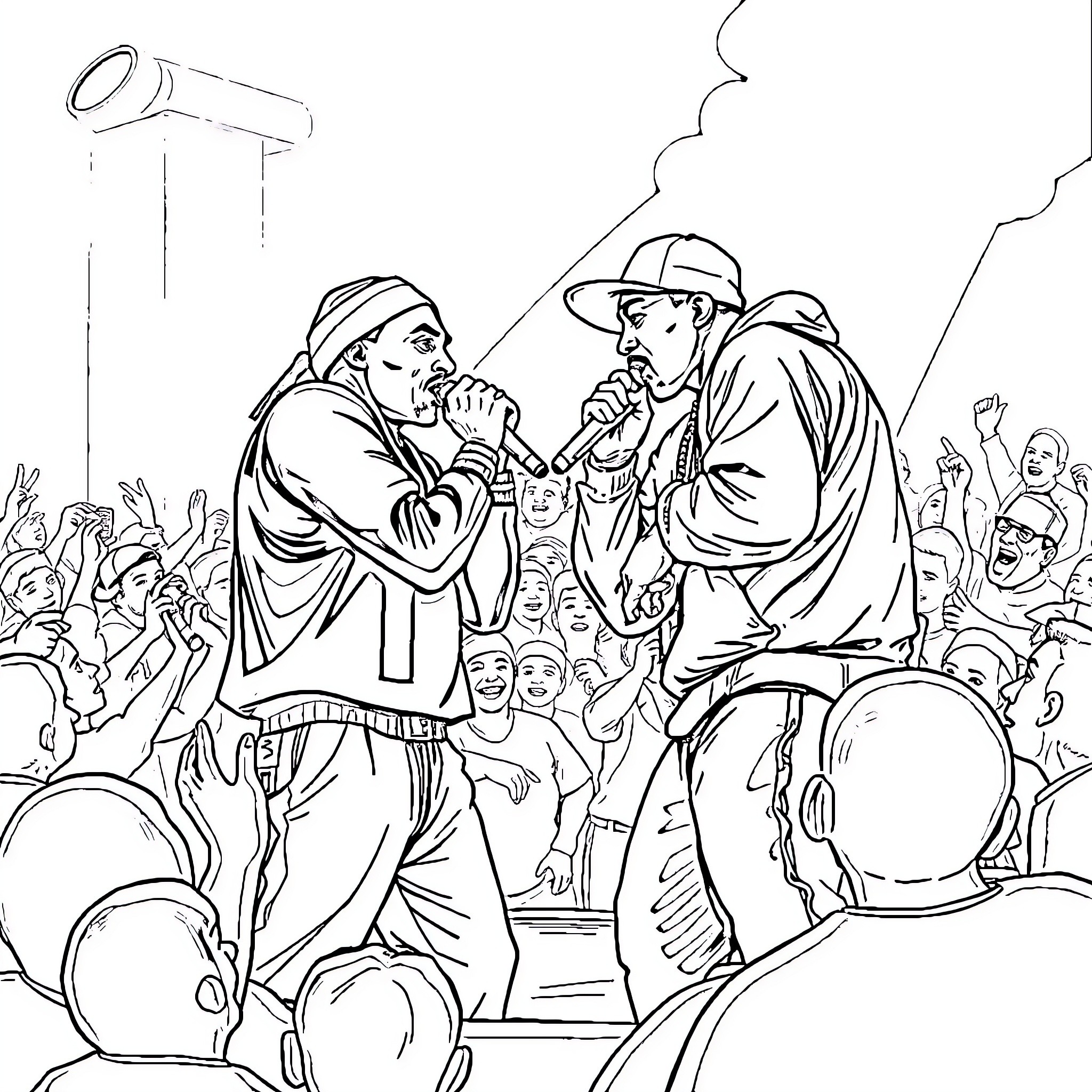 2pac performing passionately on stage with crowd Coloring Page (free black-and-white line drawing printable PDF for all, from beginners to advanced learners, including children, teens, adults, and seniors)