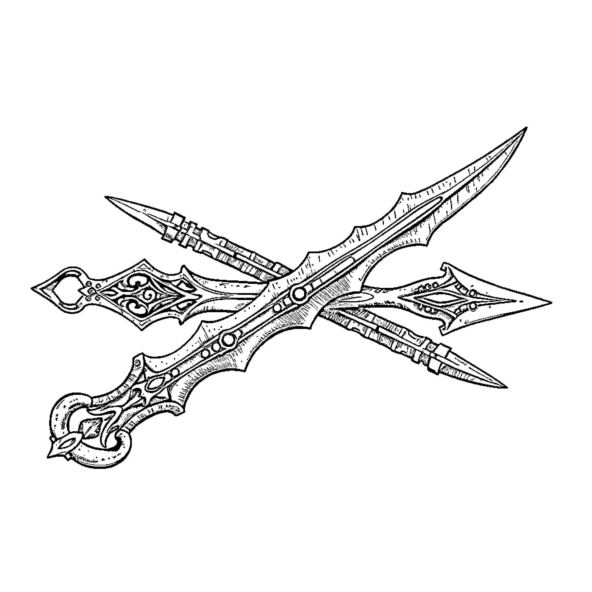 Tool for Ornate Weapon Design Coloring Page (free black-and-white line drawing printable PDF for all, from beginners to advanced learners, including children, teens, adults, and seniors)