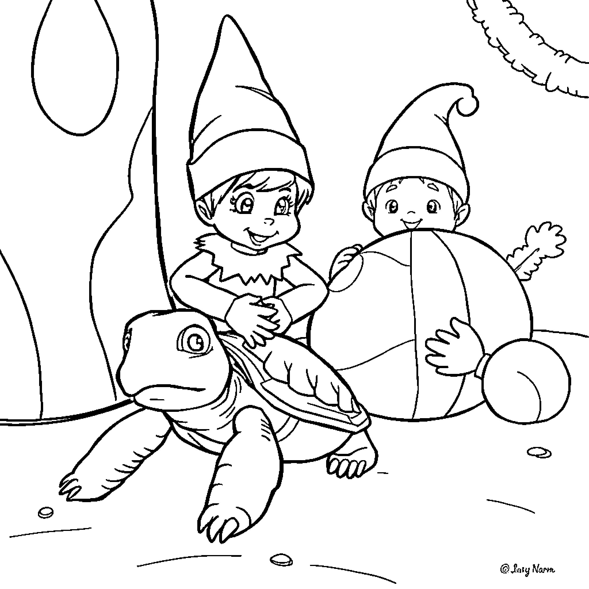 Turtle Friends Playing in the Snow Coloring Page (free black-and-white line drawing printable PDF for all, from beginners to advanced learners, including children, teens, adults, and seniors)