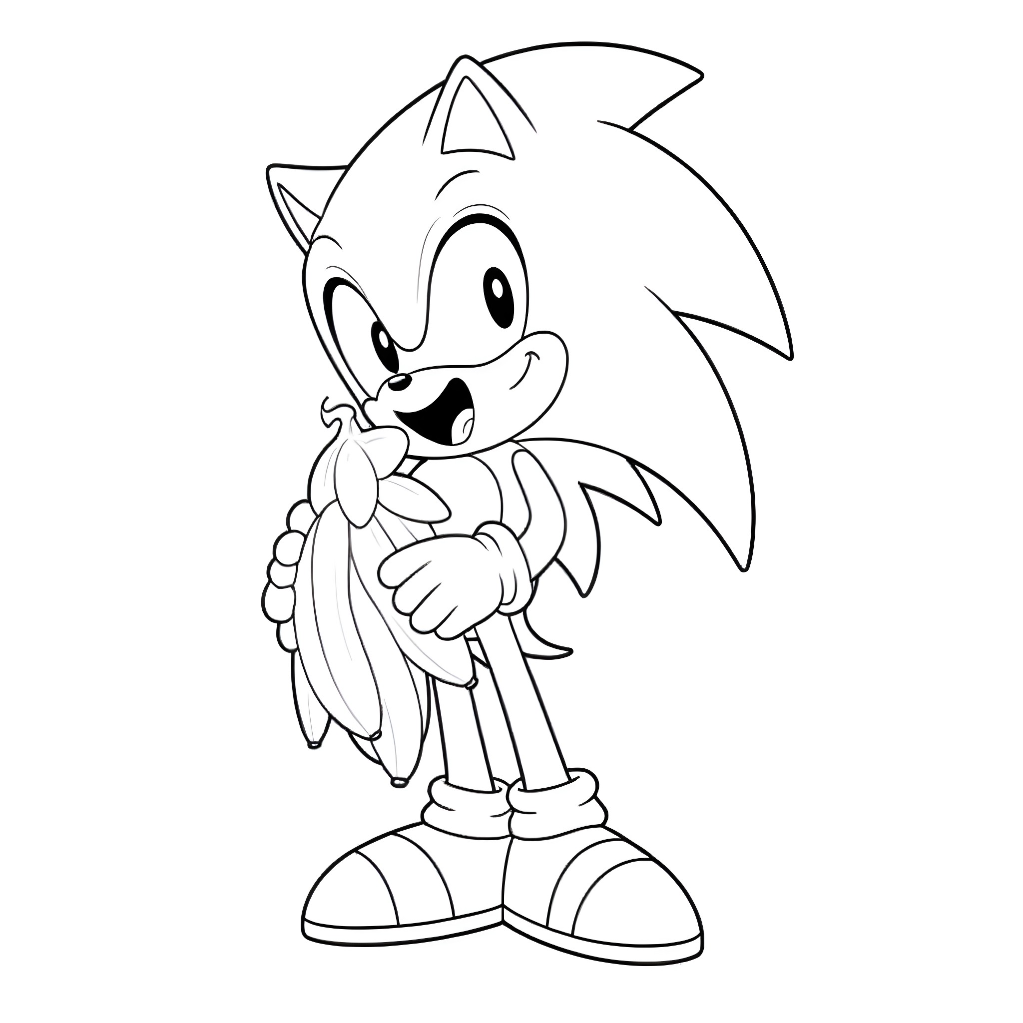 Sonic the Hedgehog running happily with flower Coloring Page (free black-and-white line drawing printable PDF for all, from beginners to advanced learners, including children, teens, adults, and seniors)