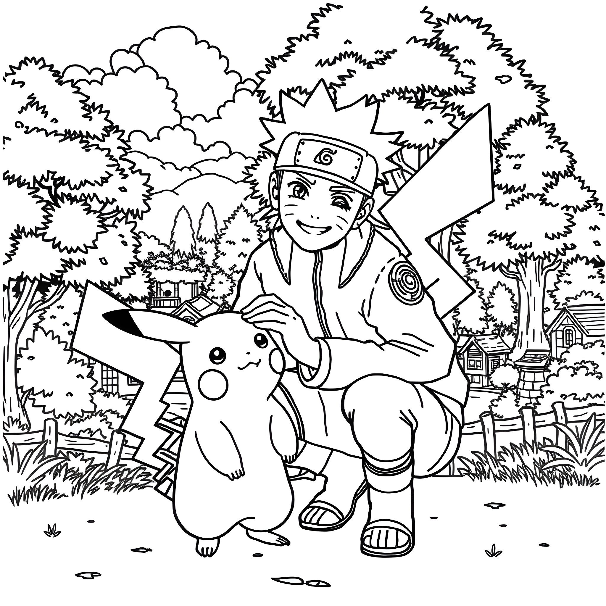 Naruto and Pikachu Adventure in the Forest Coloring Page (free black-and-white line drawing printable PDF for all, from beginners to advanced learners, including children, teens, adults, and seniors)
