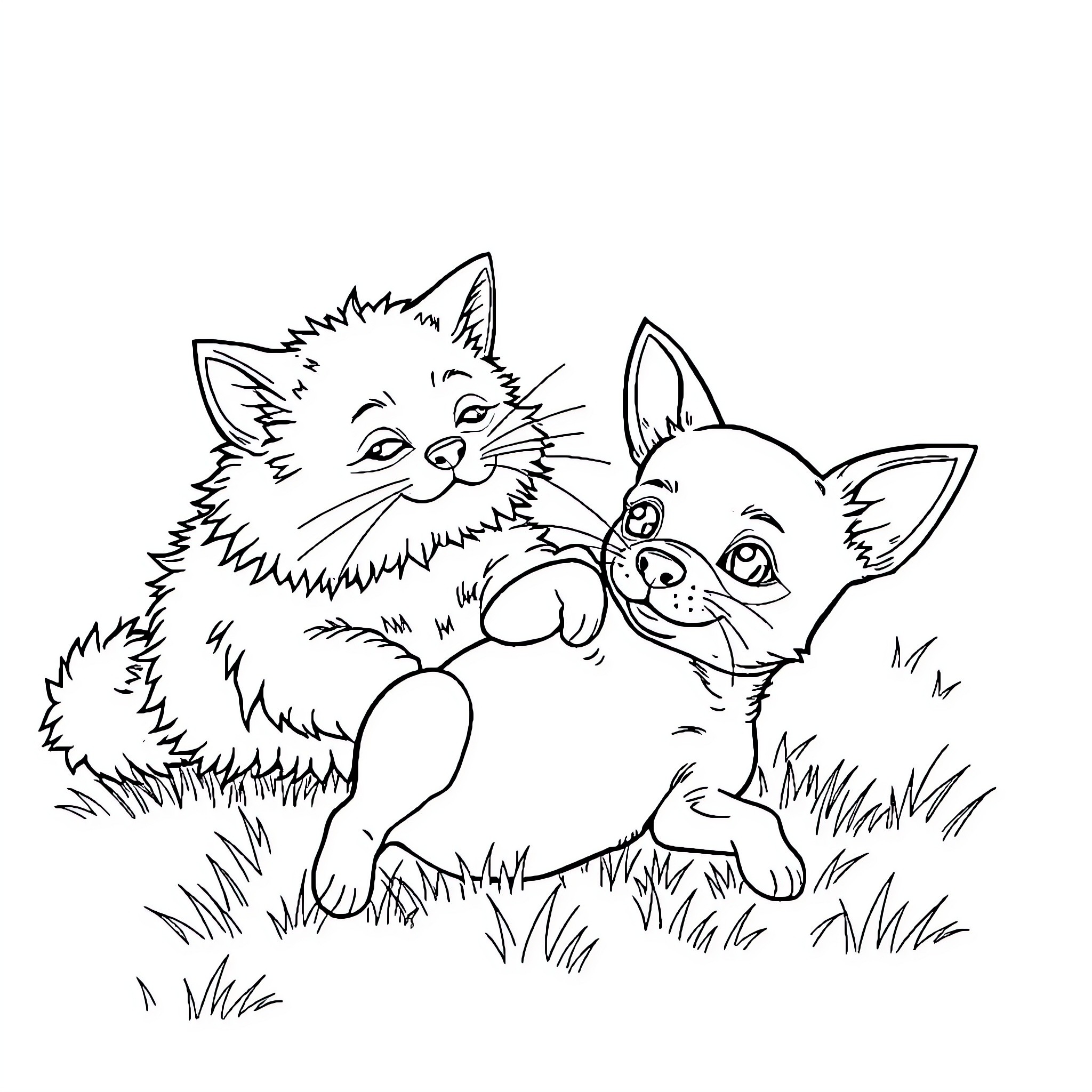 Cats playing together in the grass Coloring Page (free black-and-white line drawing printable PDF for all, from beginners to advanced learners, including children, teens, adults, and seniors)