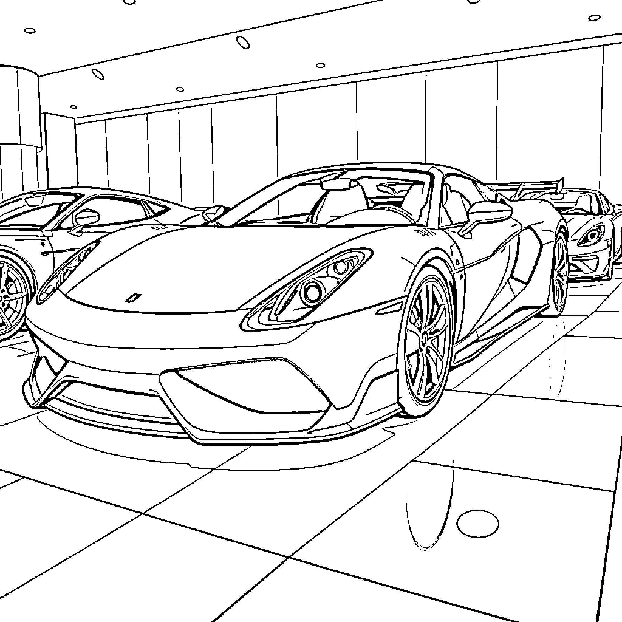 Car lineup in showroom displaying sleek designs Coloring Page (free black-and-white line drawing printable PDF for all, from beginners to advanced learners, including children, teens, adults, and seniors)