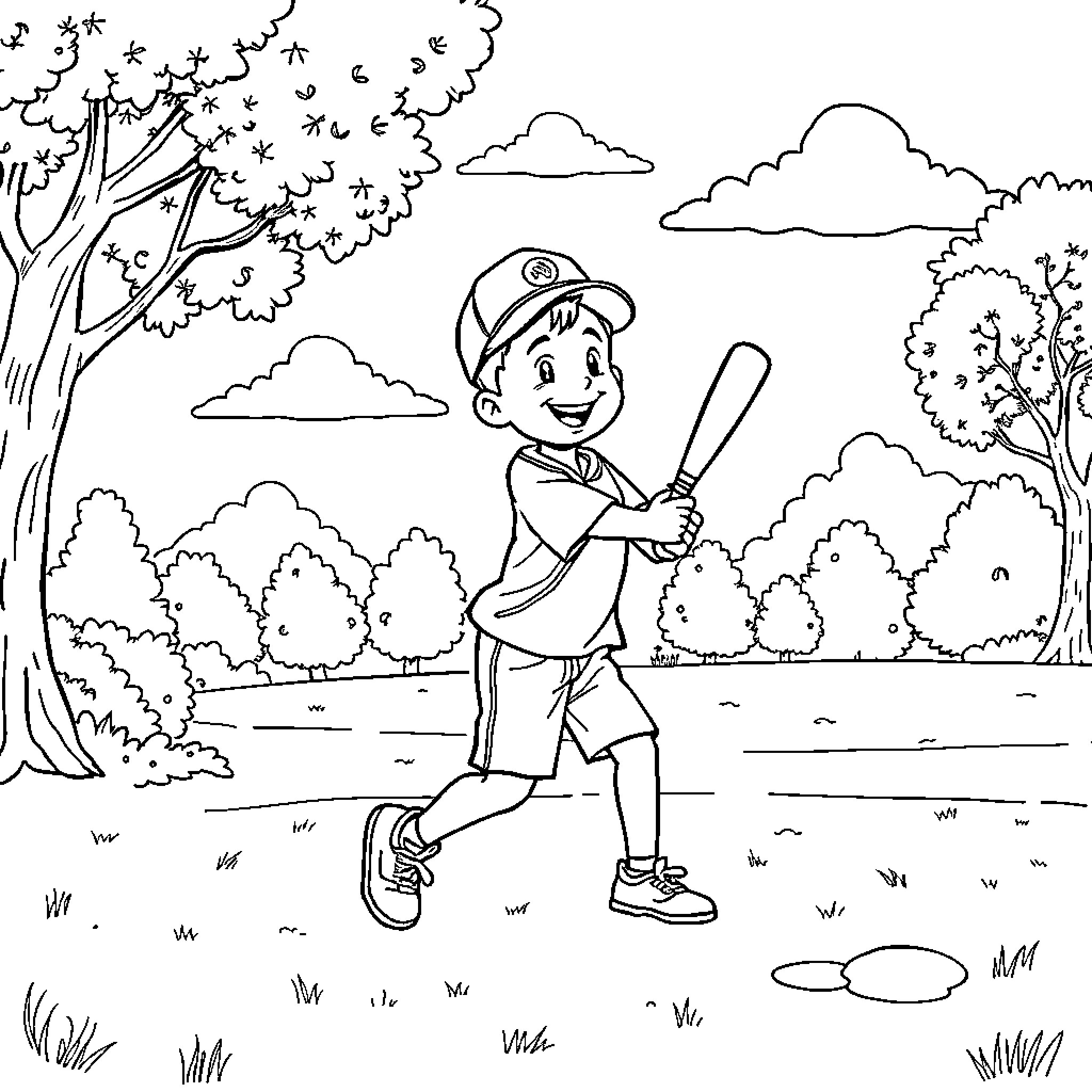 Boy playing baseball in the park Coloring Page (free black-and-white line drawing printable PDF for all, from beginners to advanced learners, including children, teens, adults, and seniors)