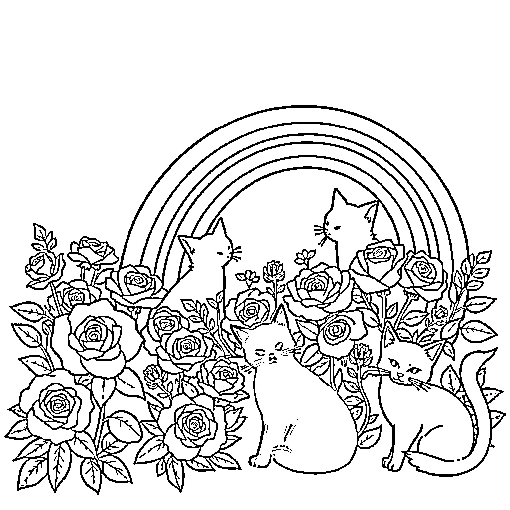 Flower garden with playful cats and rainbow Coloring Page (free black-and-white line drawing printable PDF for all, from beginners to advanced learners, including children, teens, adults, and seniors)