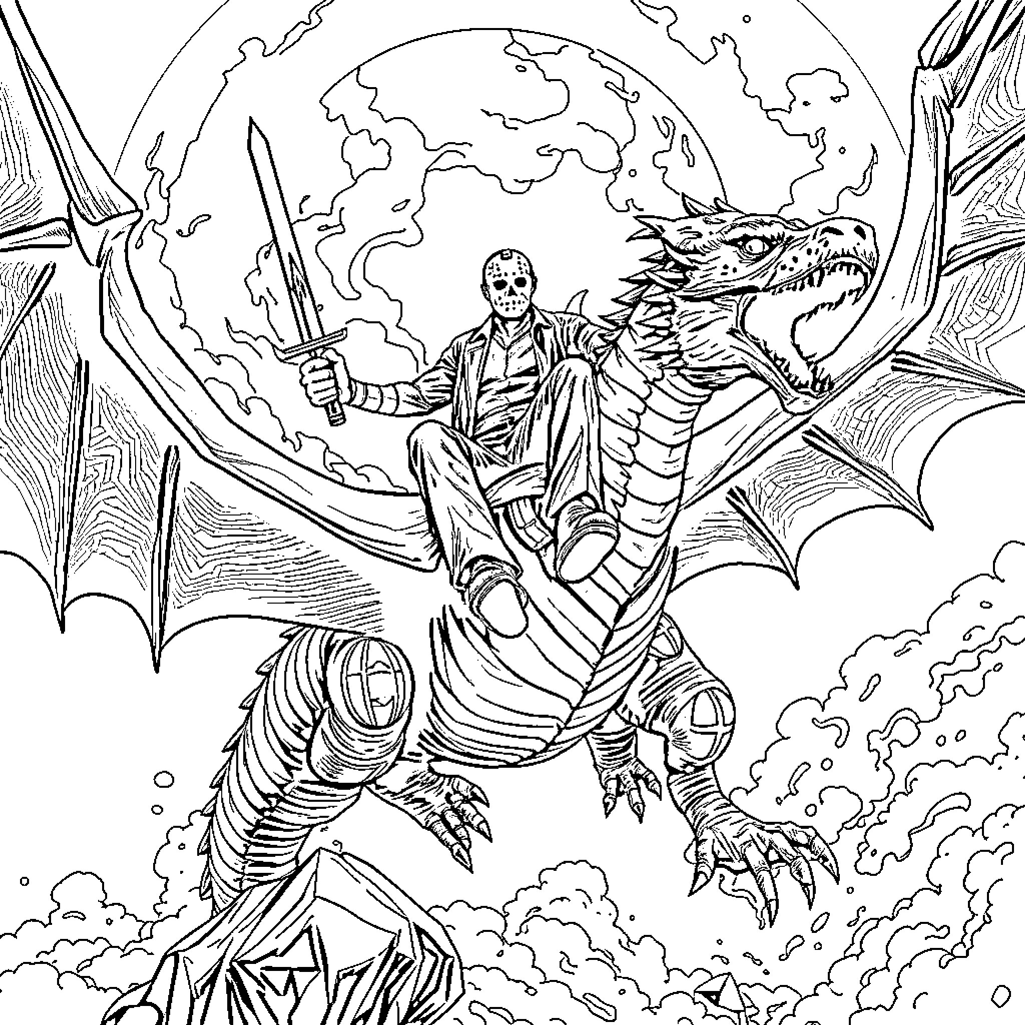 Jason Voorhees battling a monstrous beast amid apocalyptic chaos Coloring Page (free black-and-white line drawing printable PDF for all, from beginners to advanced learners, including children, teens, adults, and seniors)