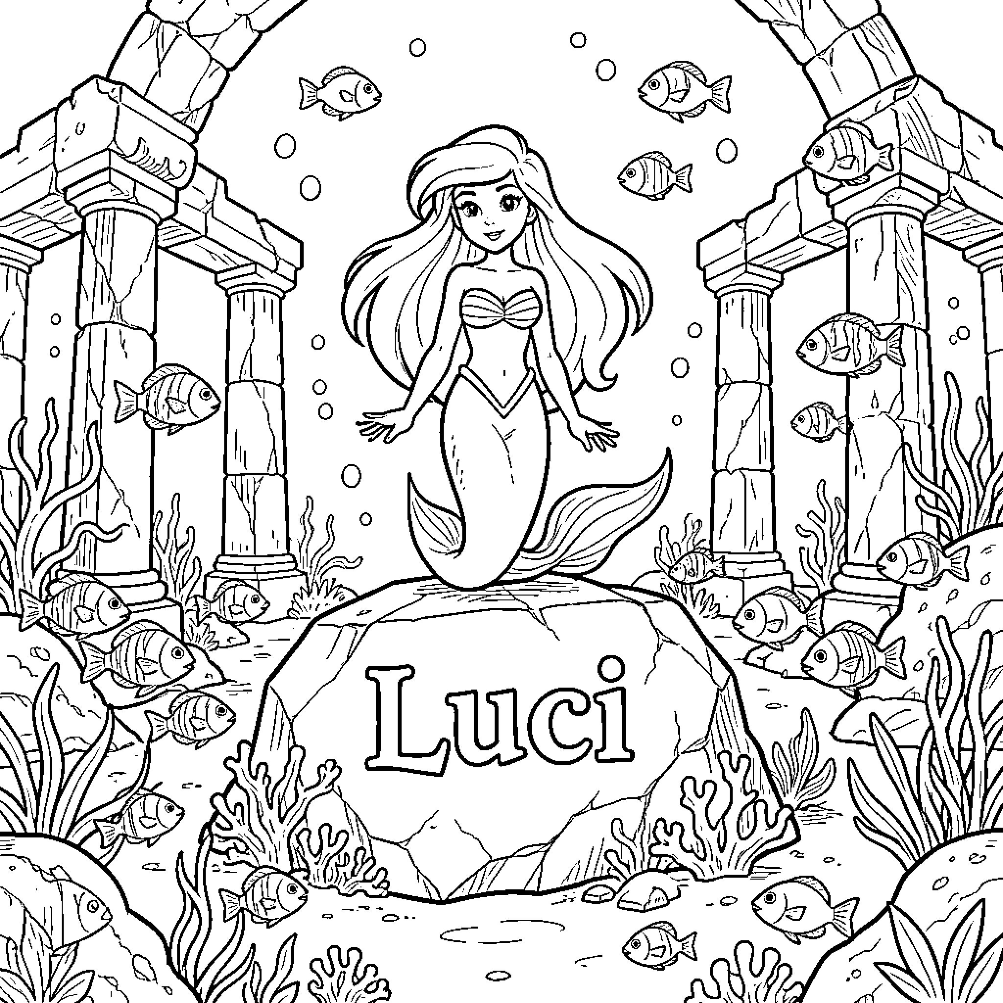 Ariel mermaid swimming in the underwater palace Coloring Page (free black-and-white line drawing printable PDF for all, from beginners to advanced learners, including children, teens, adults, and seniors)