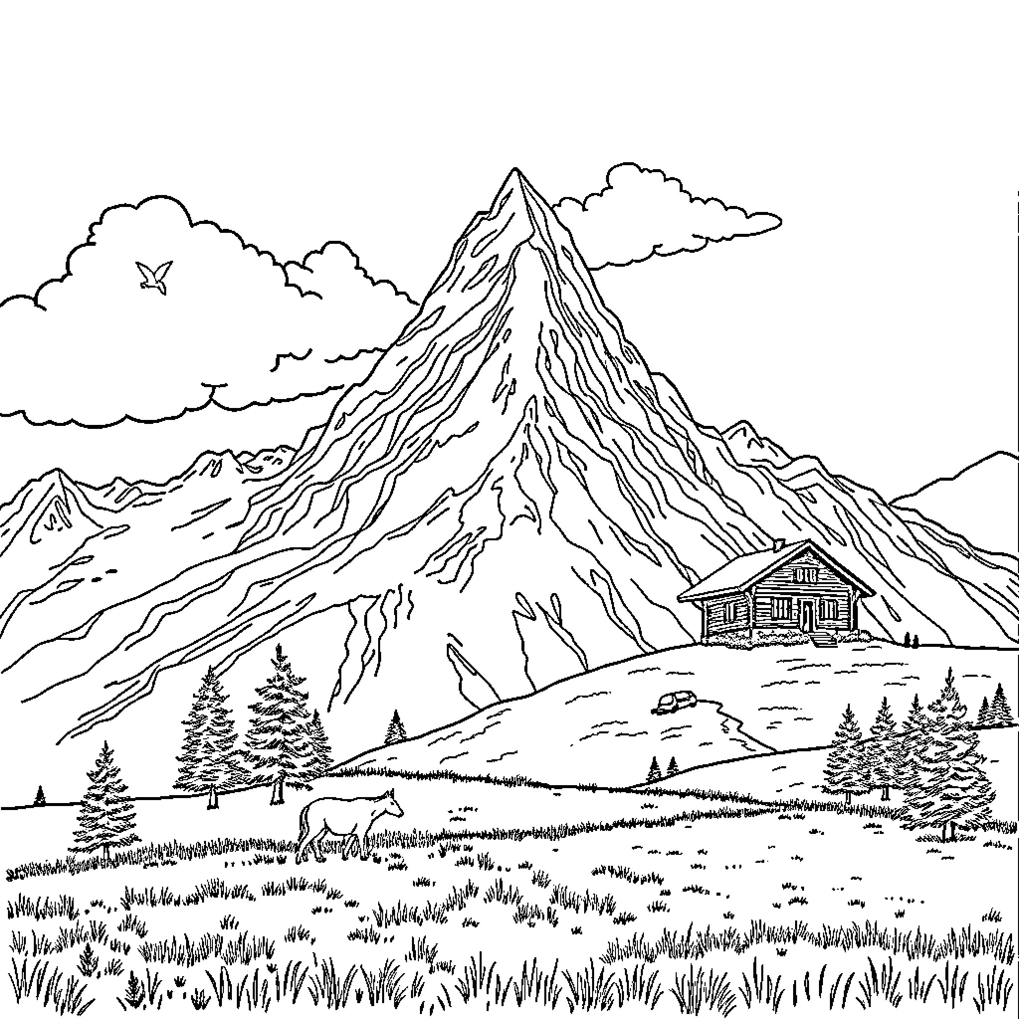 Mountain landscape with cabin in the meadow Coloring Page (free black-and-white line drawing printable PDF for all, from beginners to advanced learners, including children, teens, adults, and seniors)