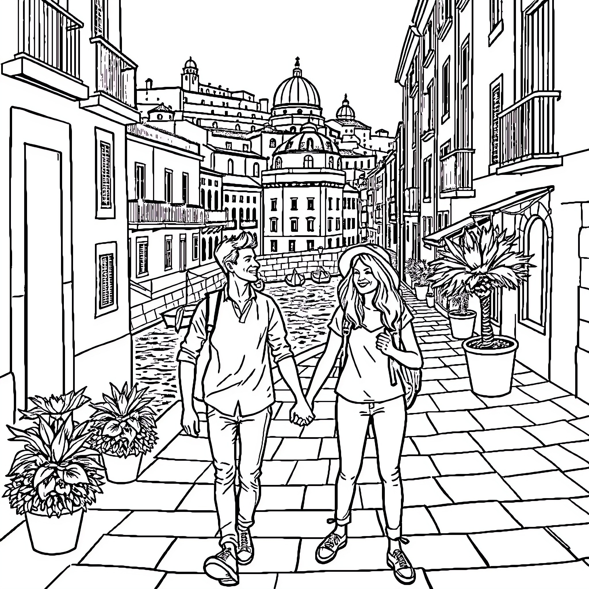 Couple exploring picturesque European city street Coloring Page (free black-and-white line drawing printable PDF for all, from beginners to advanced learners, including children, teens, adults, and seniors)