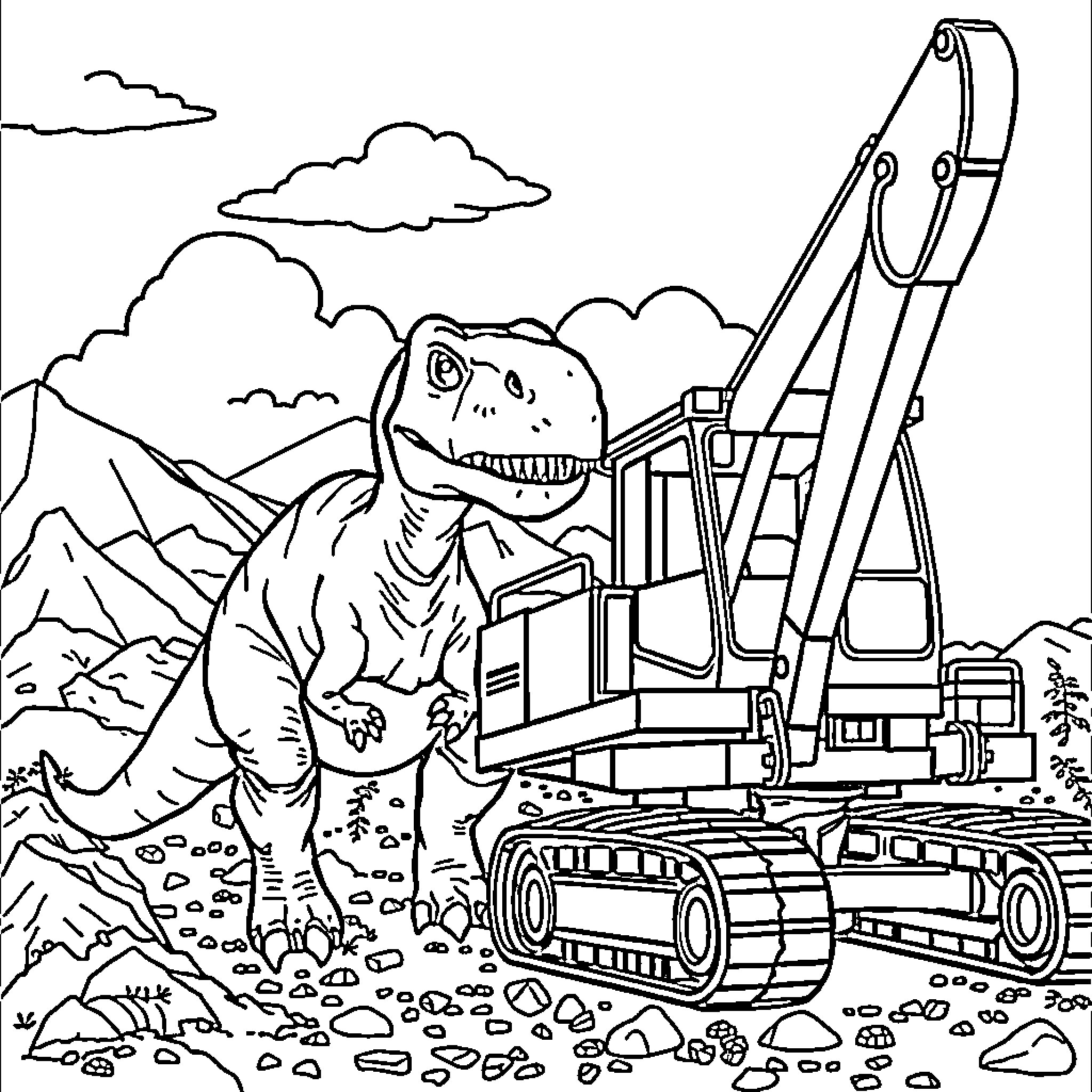 Dinosaur on construction site operating machinery Coloring Page (free black-and-white line drawing printable PDF for all, from beginners to advanced learners, including children, teens, adults, and seniors)