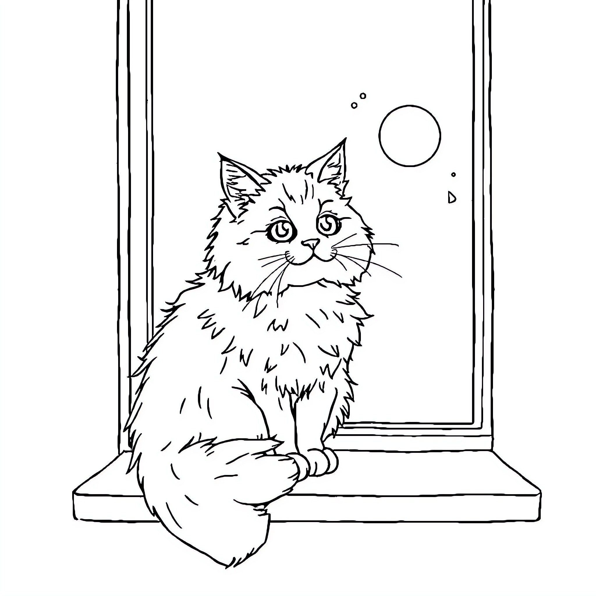 Cat sitting on windowsill looking outside Coloring Page (free black-and-white line drawing printable PDF for all, from beginners to advanced learners, including children, teens, adults, and seniors)