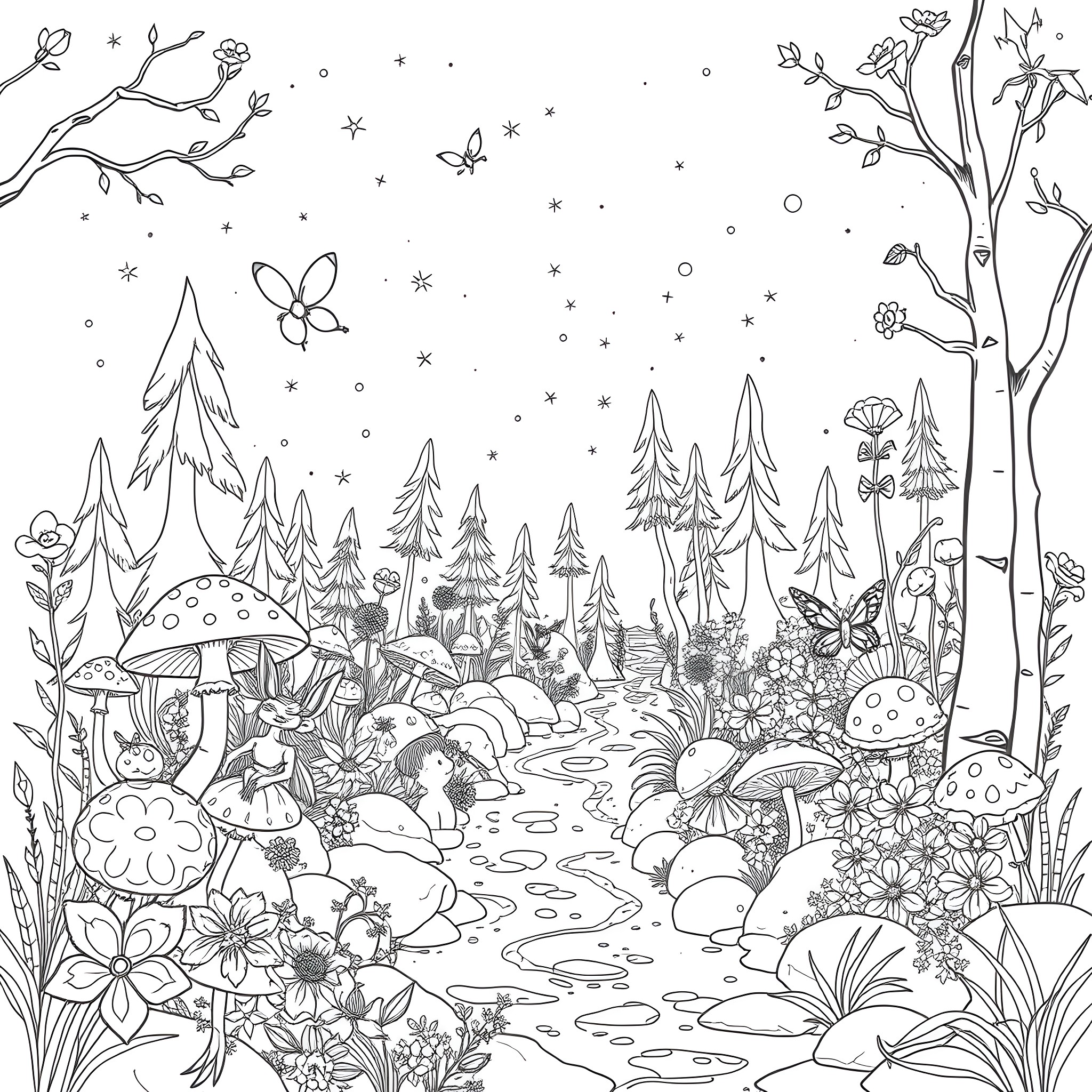 World of Whimsical Forest Creatures and Nature Coloring Page (free black-and-white line drawing printable PDF for all, from beginners to advanced learners, including children, teens, adults, and seniors)