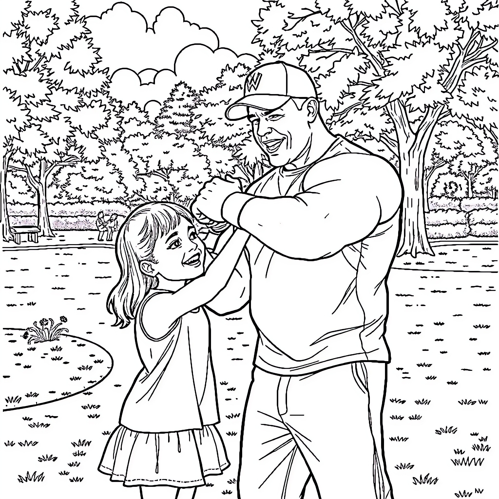 John Cena bonding with a young girl in a park Coloring Page (free black-and-white line drawing printable PDF for all, from beginners to advanced learners, including children, teens, adults, and seniors)
