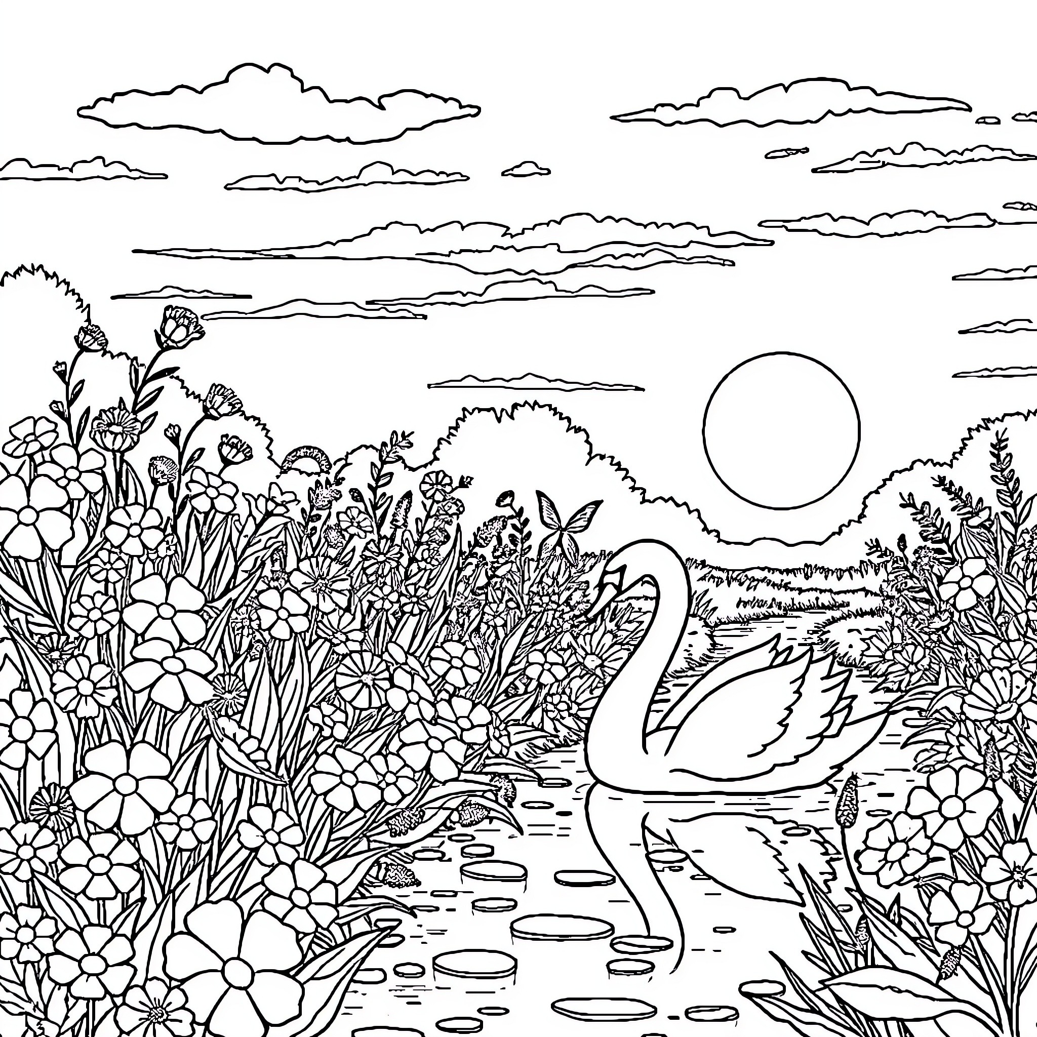 Swan floating peacefully in a floral meadow Coloring Page (free black-and-white line drawing printable PDF for all, from beginners to advanced learners, including children, teens, adults, and seniors)