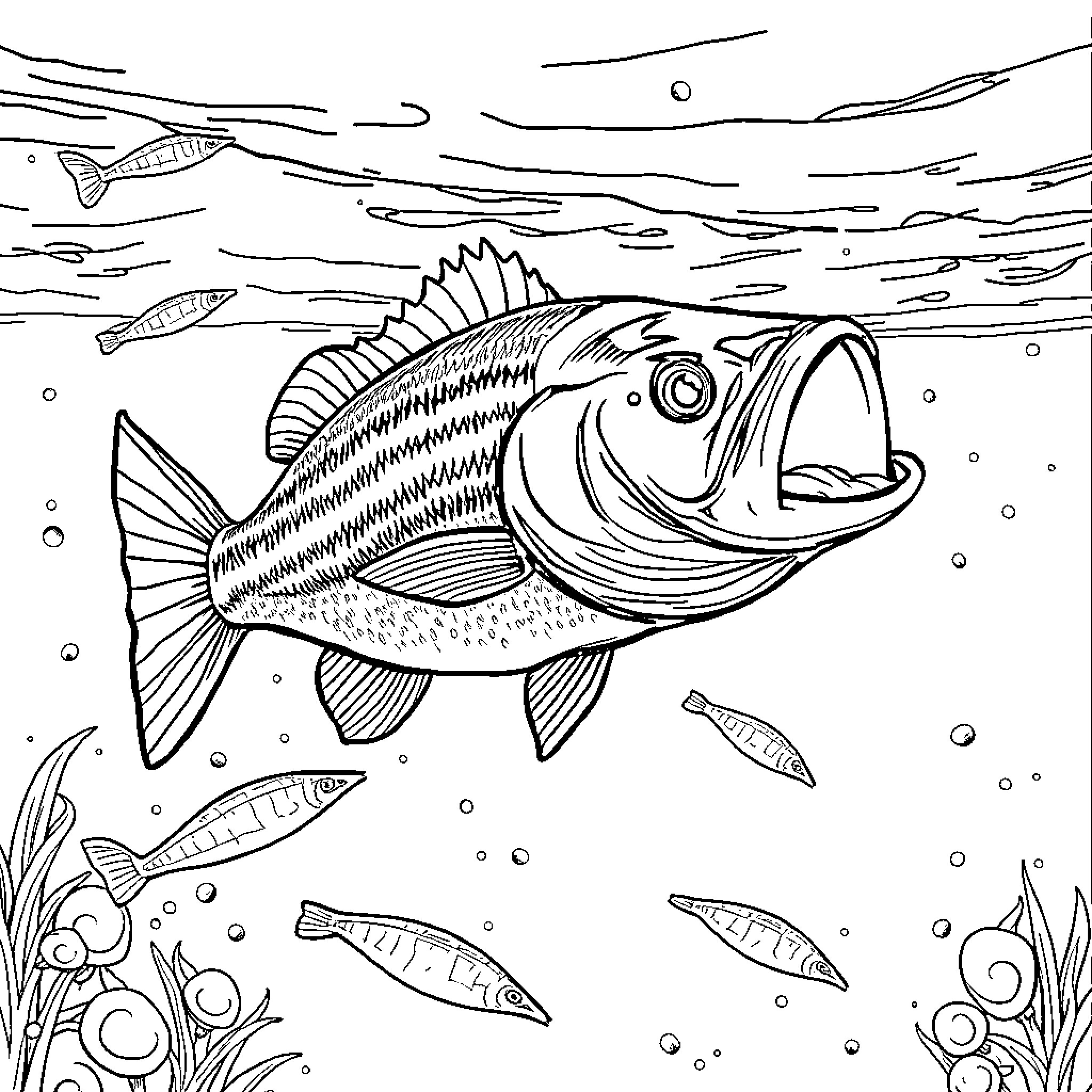 Bass swimming in the underwater world Coloring Page (free black-and-white line drawing printable PDF for all, from beginners to advanced learners, including children, teens, adults, and seniors)