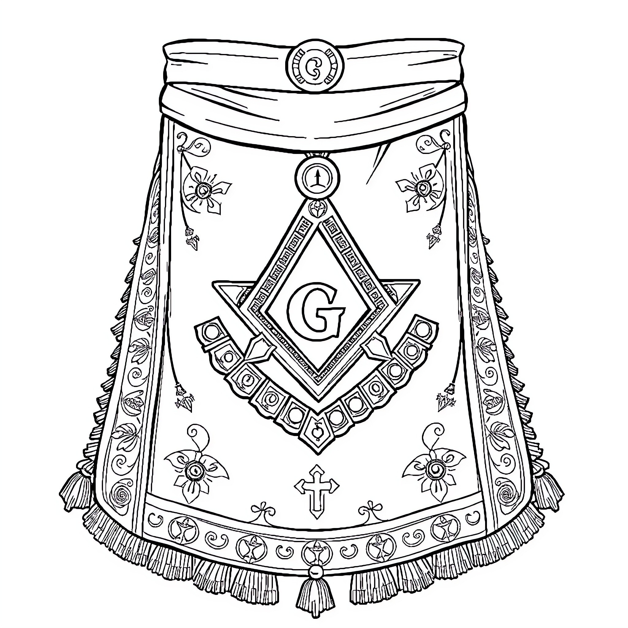 Masonic Apron with Elaborate Designs and Symbols Coloring Page (free black-and-white line drawing printable PDF for all, from beginners to advanced learners, including children, teens, adults, and seniors)