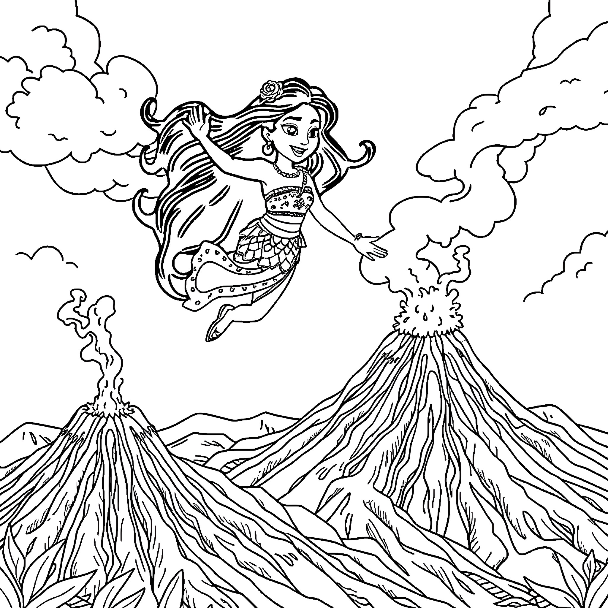 Vaiana soaring over volcanic landscapes Coloring Page (free black-and-white line drawing printable PDF for all, from beginners to advanced learners, including children, teens, adults, and seniors)