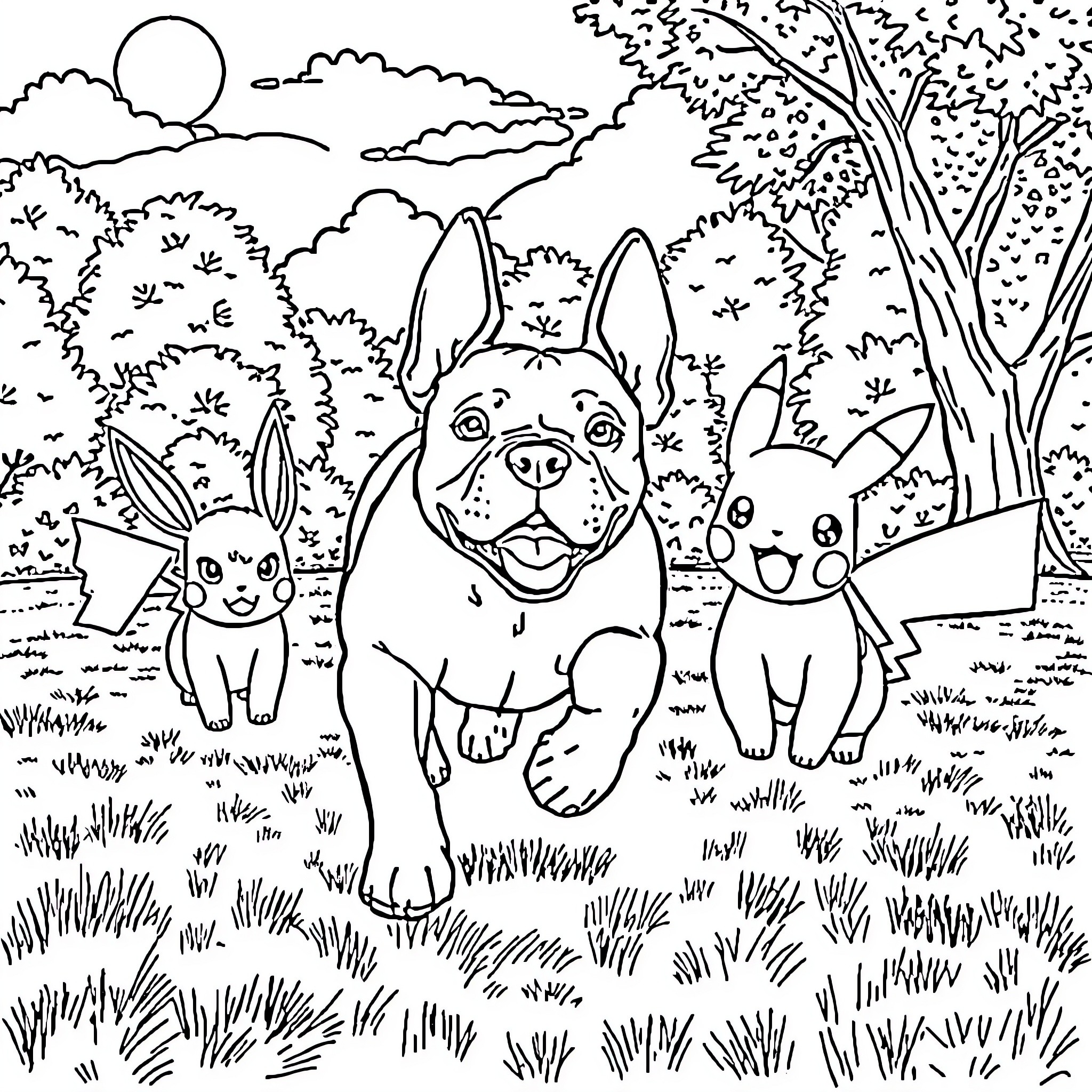 Pitbull pups playing joyfully in the park Coloring Page (free black-and-white line drawing printable PDF for all, from beginners to advanced learners, including children, teens, adults, and seniors)