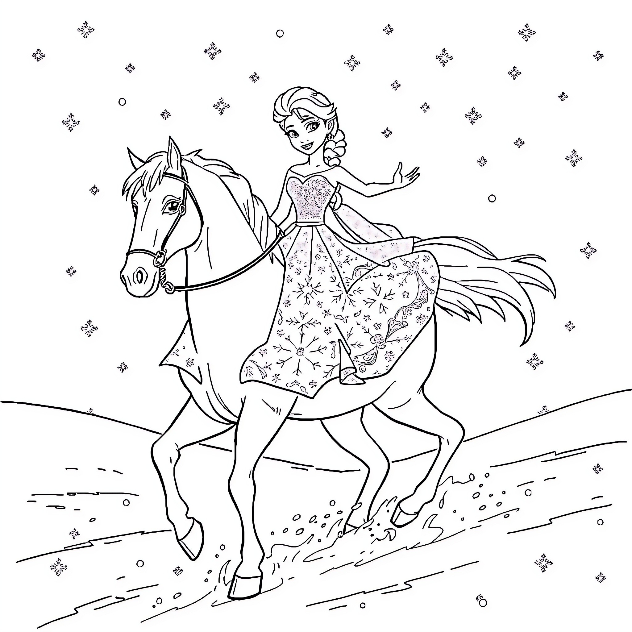 Elsa's Enchanting Ride on a Majestic Steed Coloring Page (free black-and-white line drawing printable PDF for all, from beginners to advanced learners, including children, teens, adults, and seniors)