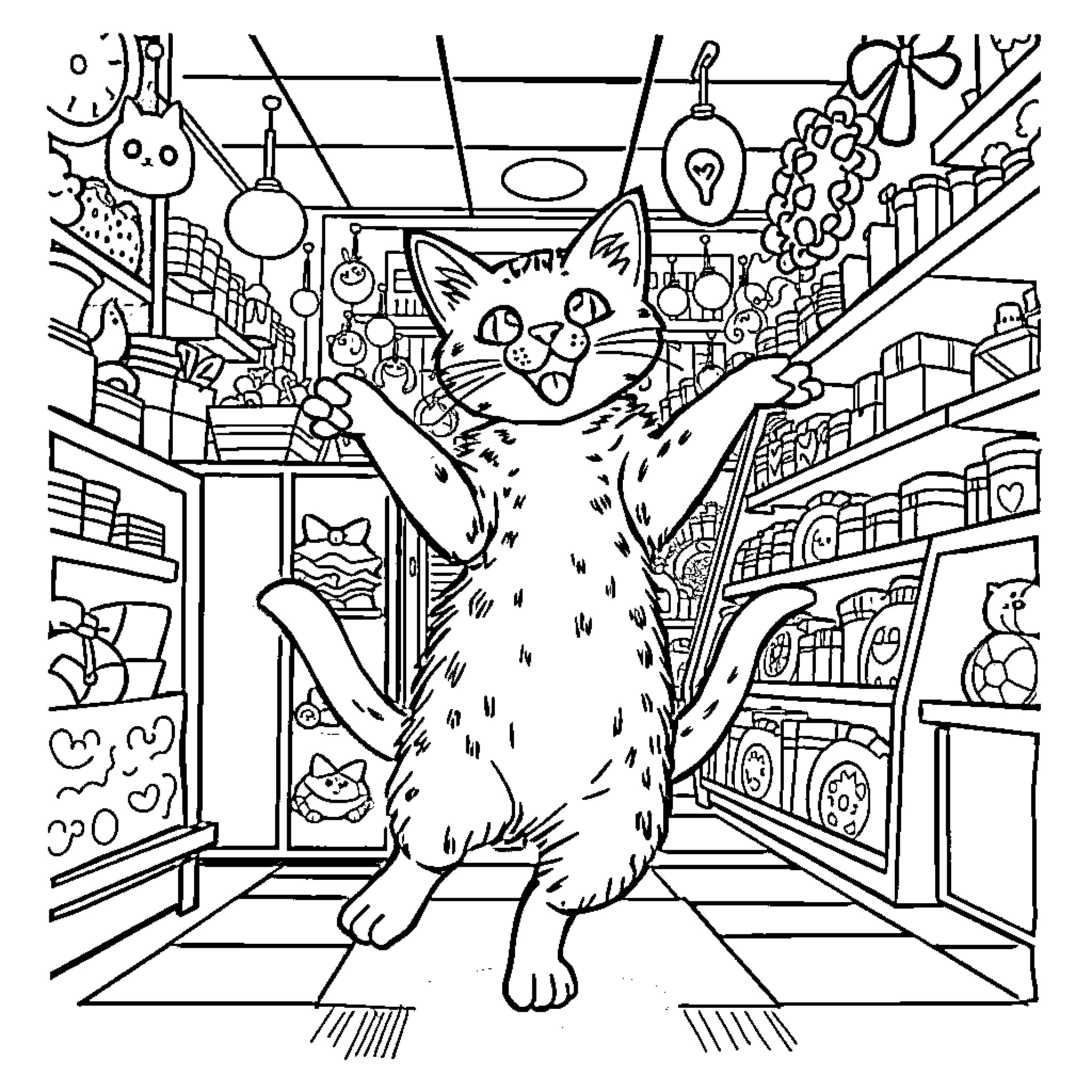 Cat exploring a cozy store filled with trinkets Coloring Page (free black-and-white line drawing printable PDF for all, from beginners to advanced learners, including children, teens, adults, and seniors)